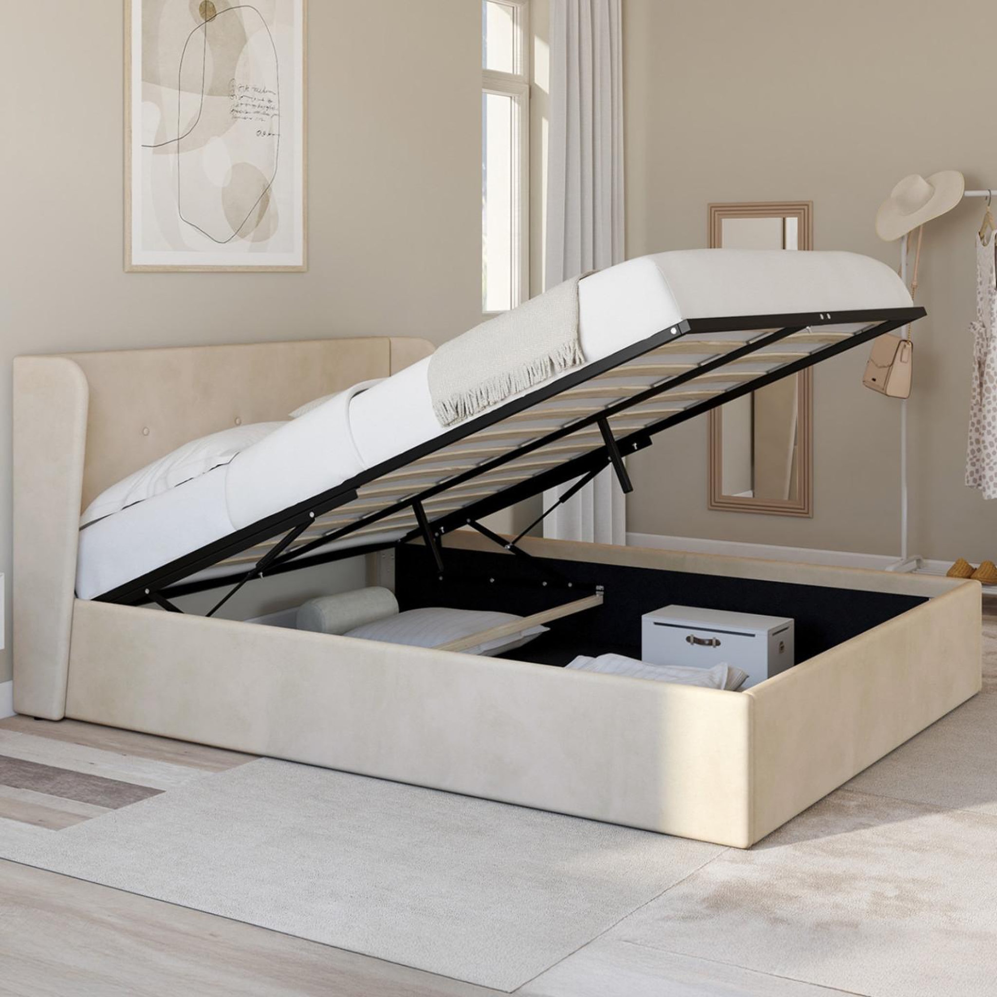Voir la diapositive 4 : ID MARKET Lit coffre double orea avec tête de lit enveloppante et sommier 140 x 190 cm velours beige