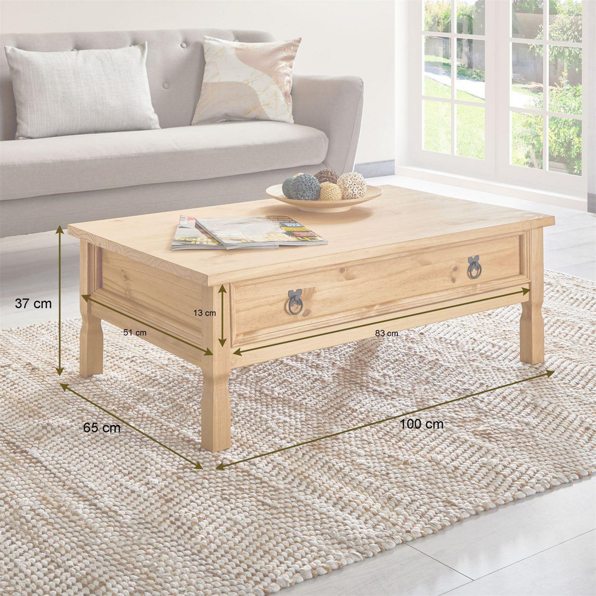 IDIMEX Table basse en pin TEQUILA style mexicain, avec 1 tiroir, finition teintée/cirée