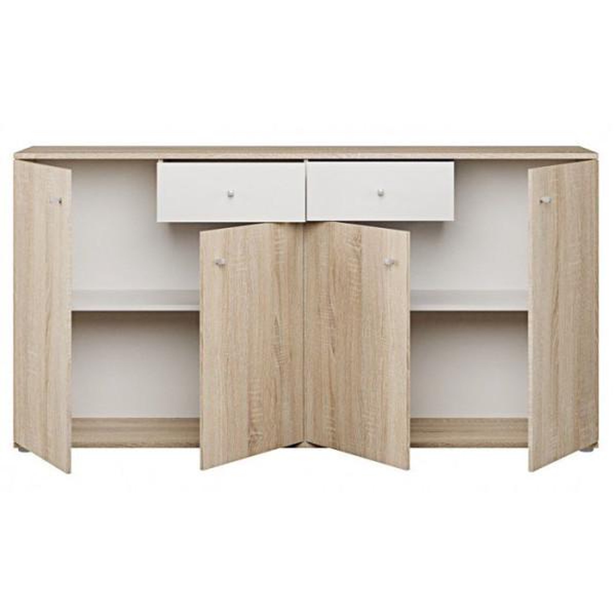 Voir la diapositive 4 : MARKET24 Buffet bas - Décor Chene et blanc mat - 4 portes + 2 tablettes + 2 tiroirs - L 159,2 x P 31,1 x H 81,7 cm