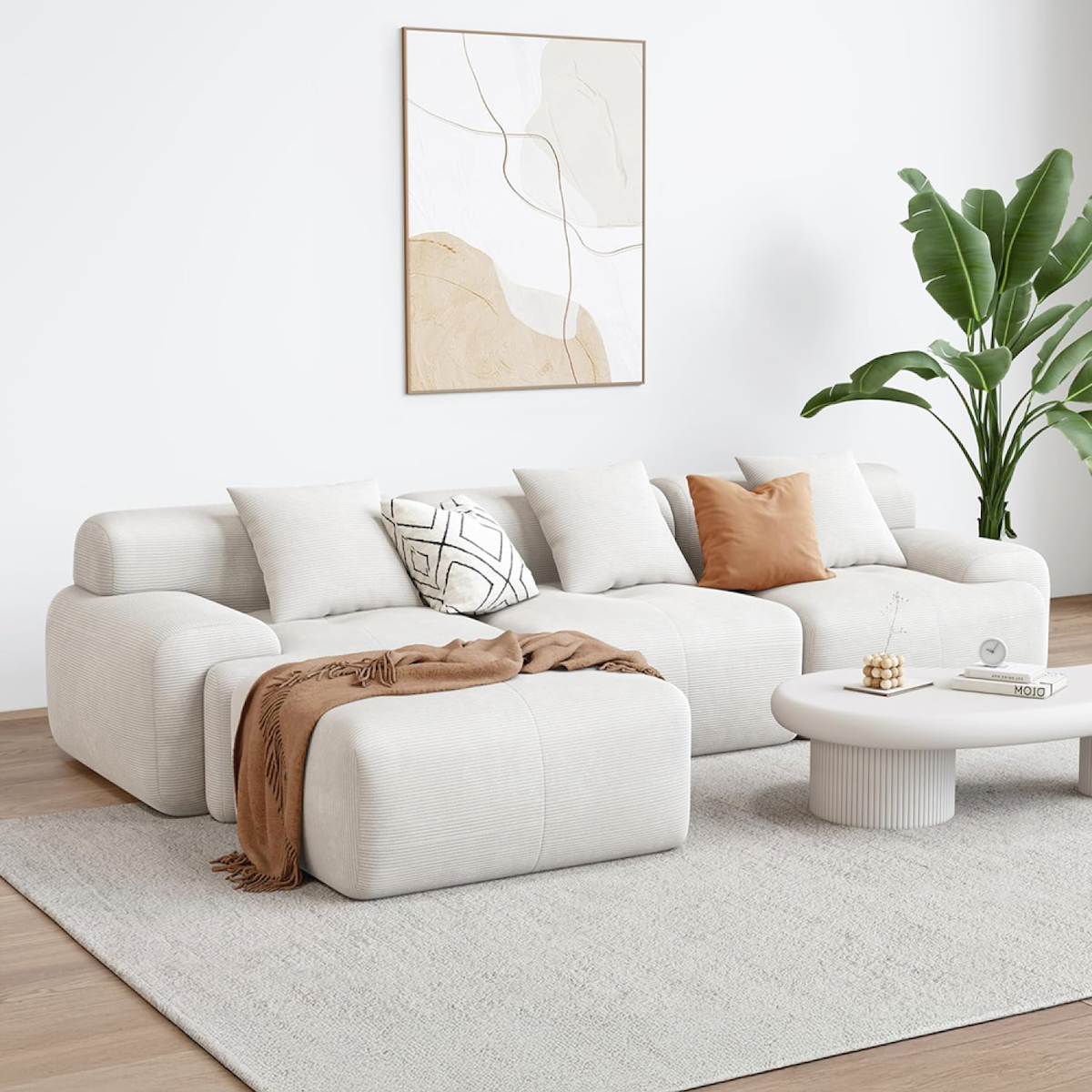 CONCEPT USINE Canapé d'angle 5-6 places avec méridienne modulable en velours côtelé beige SHEFFIELD