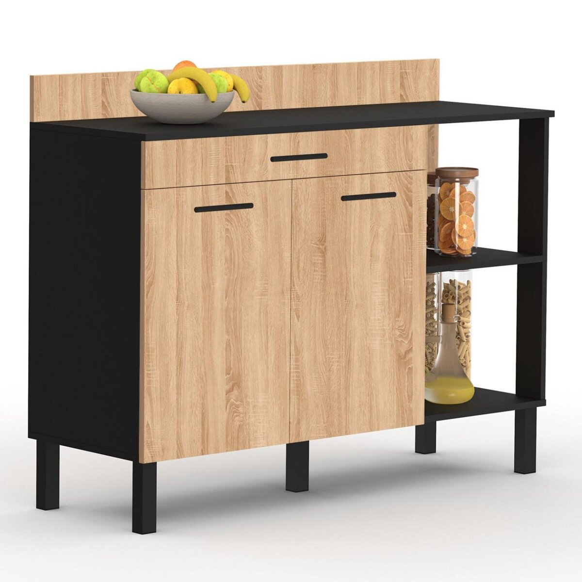 ID MARKET Buffet bas de cuisine 120 cm CINA plan de travail H.83 cm 2 portes + tiroir noir et façon hêtre