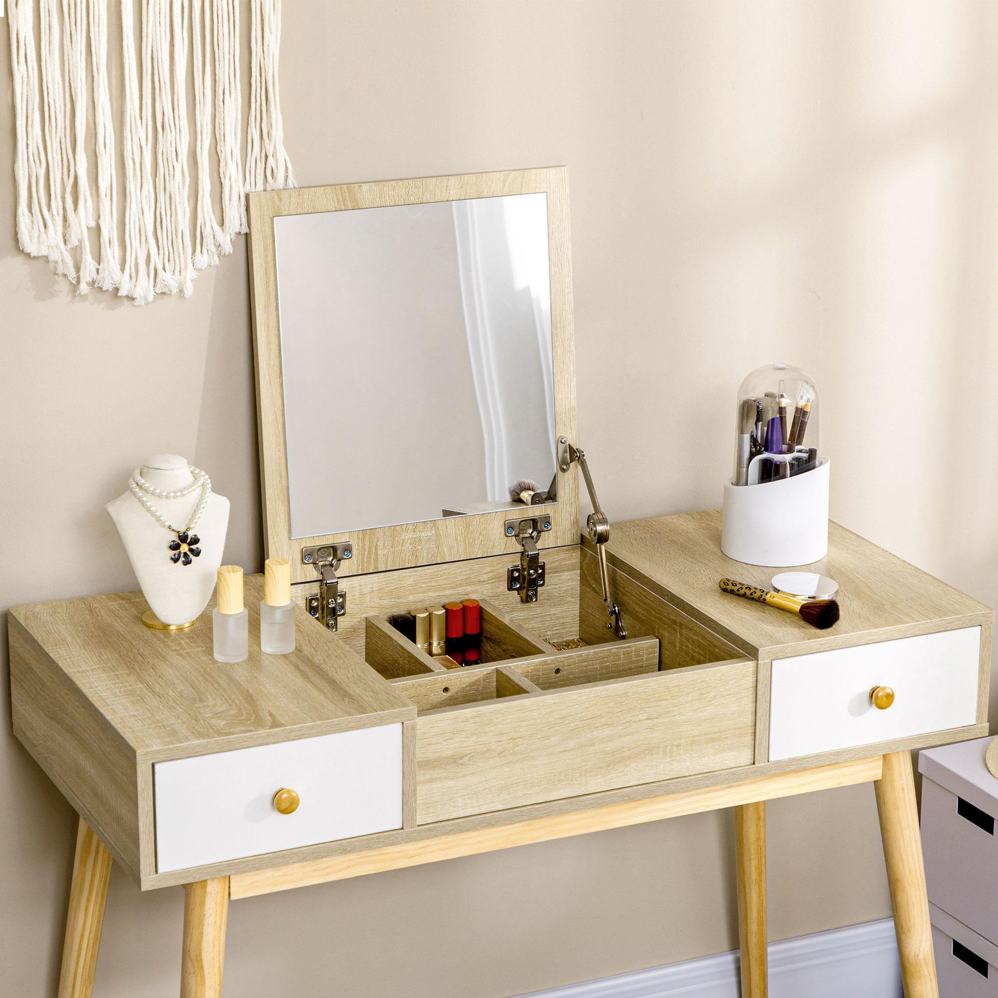 Voir la diapositive 5 : HOMCOM Coiffeuse avec tabouret style scandinave - 2 tiroirs, compartiment porte miroir -  panneaux aspect chêne clair blanc