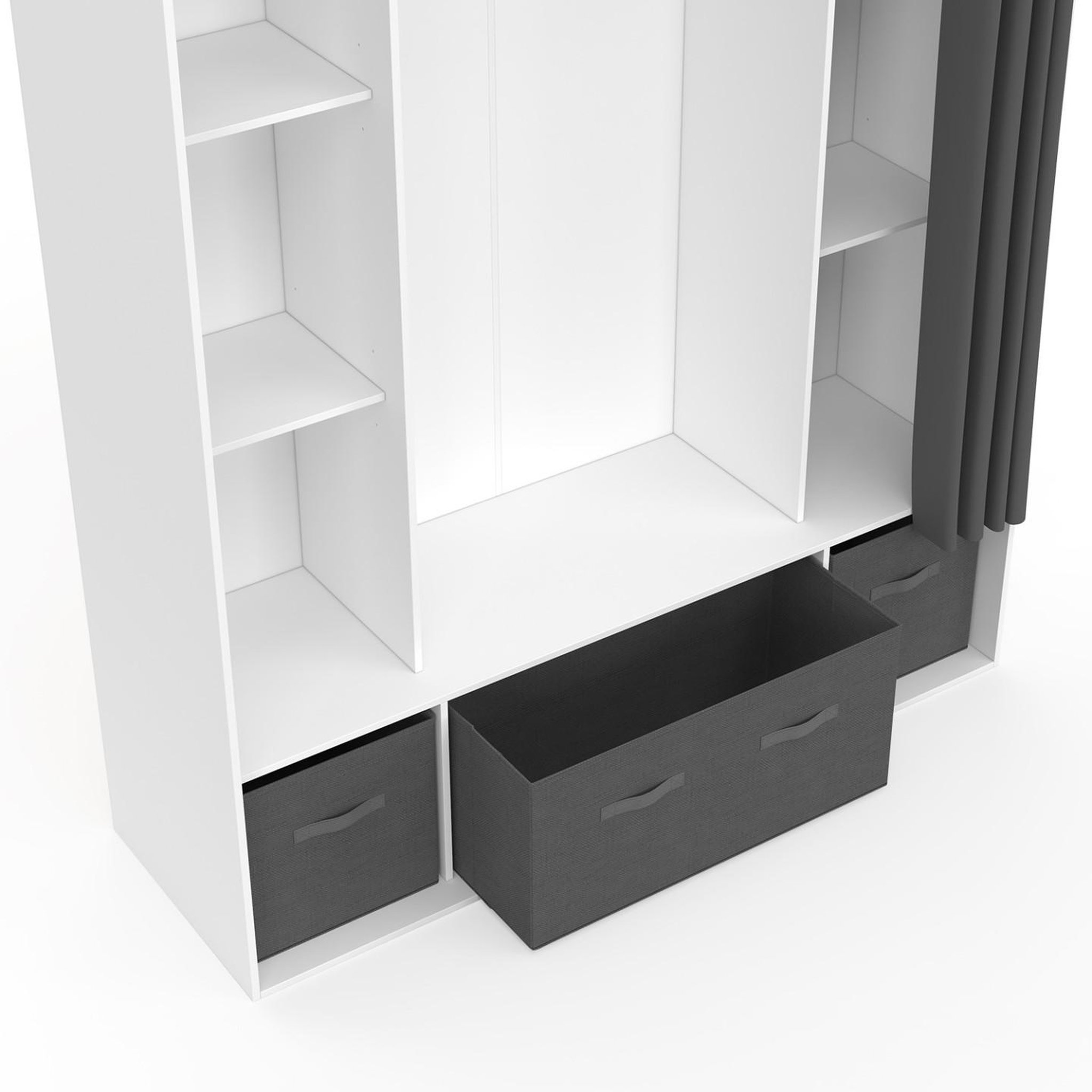 Voir la diapositive 5 : ID MARKET Dressing double penderie diane 140 x 45 x 167 cm blanc avec étagères + boites de rangement + rideau gris