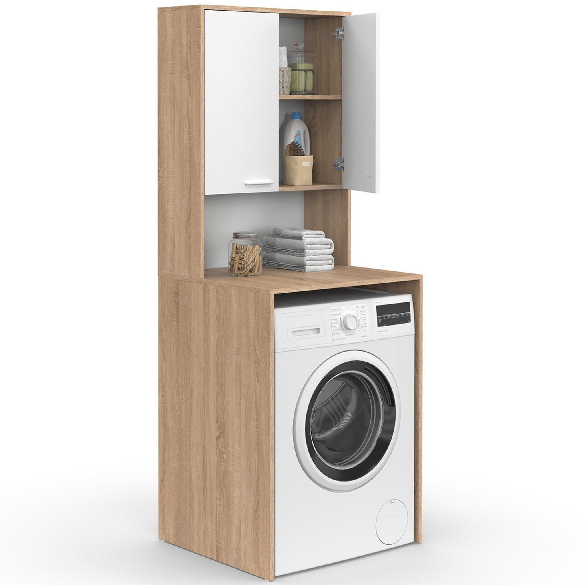 Voir la diapositive 4 : ID MARKET Meuble dessus de machine à laver wallis avec placard bois façon hêtre et blanc