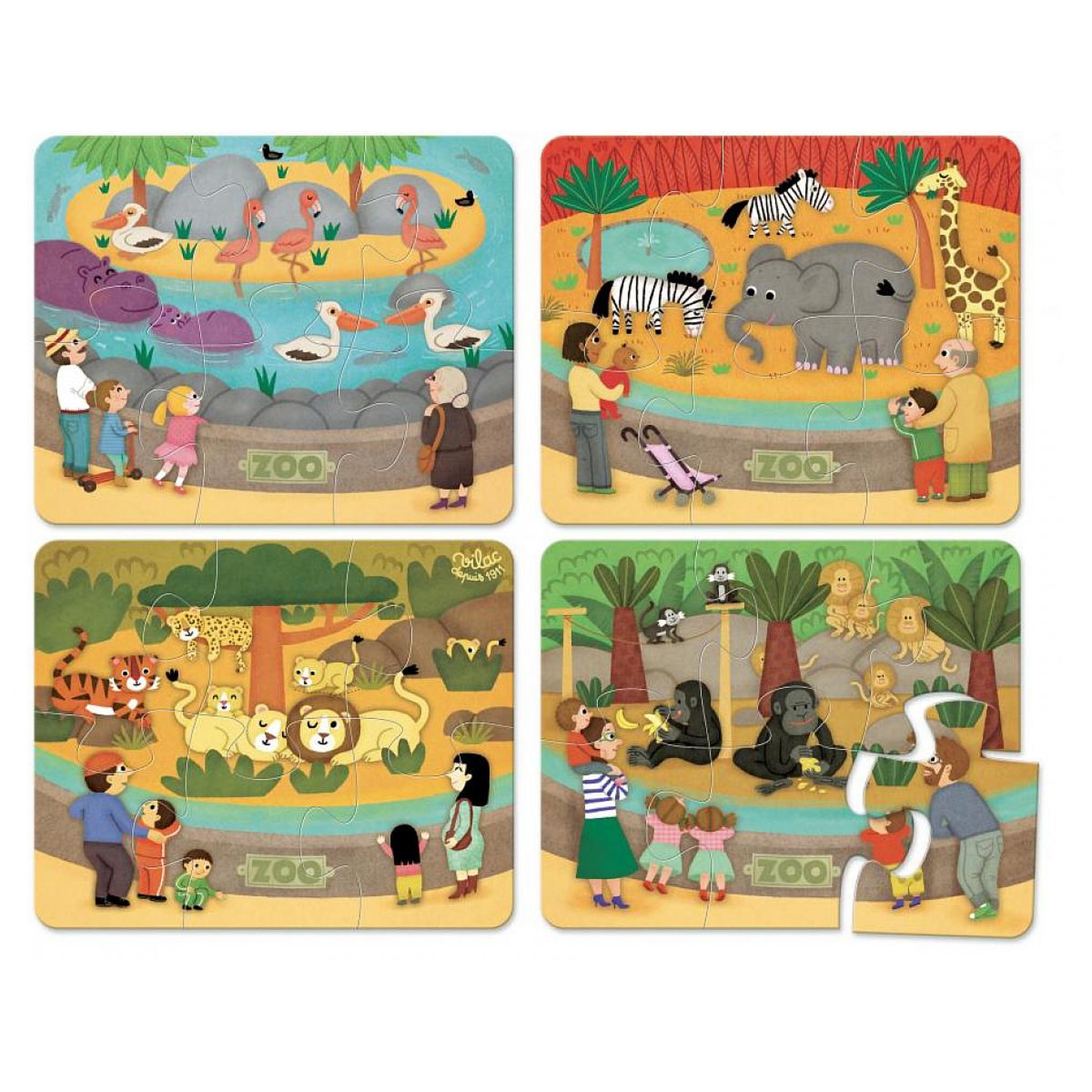 Voir la diapositive 2 : Vilac 4 puzzles de 6 pieces - les animaux du zoo