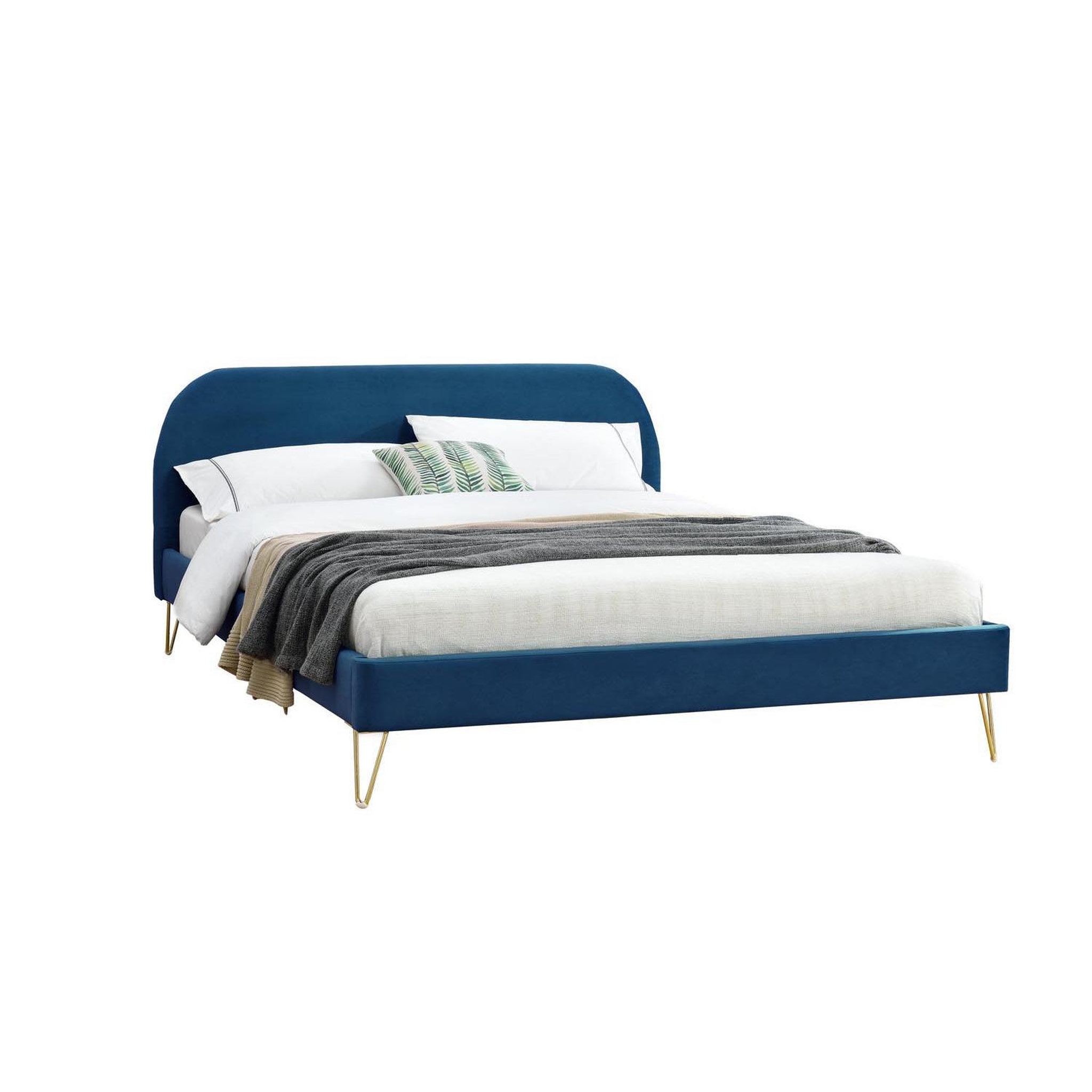 CONCEPT USINE Lit 140 x 190 cm en velours et laiton bleu PHOENIX