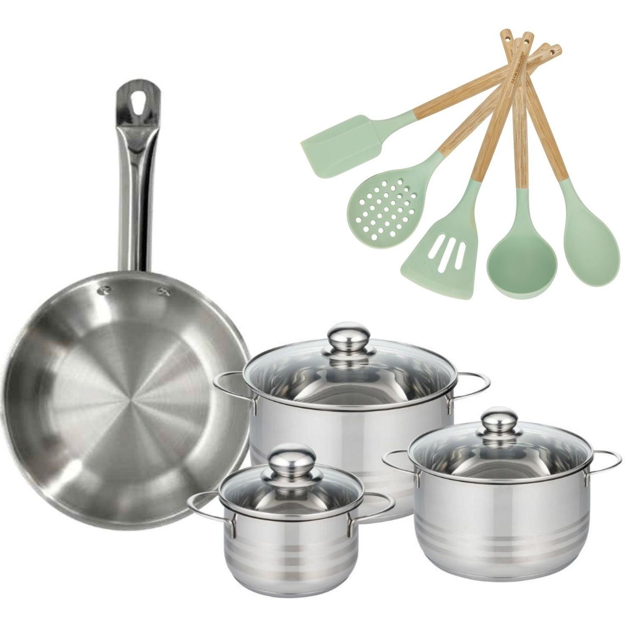 Fackelmann Batterie de cuisine avec 3 faitouts 16/20/24 cm et 1 poêle 28 cm avec 5 ustensiles de cuisine fackelmann etherna brillant fenix océan