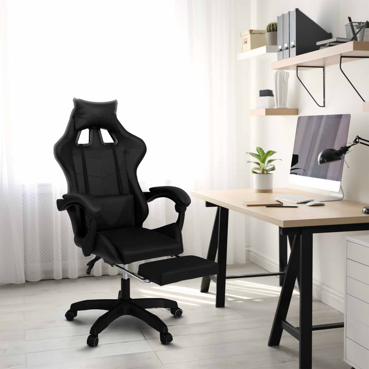 ID MARKET Fauteuil de gaming ALEX réglable avec repose-pied, coussin de tête et coussin lombaire noir