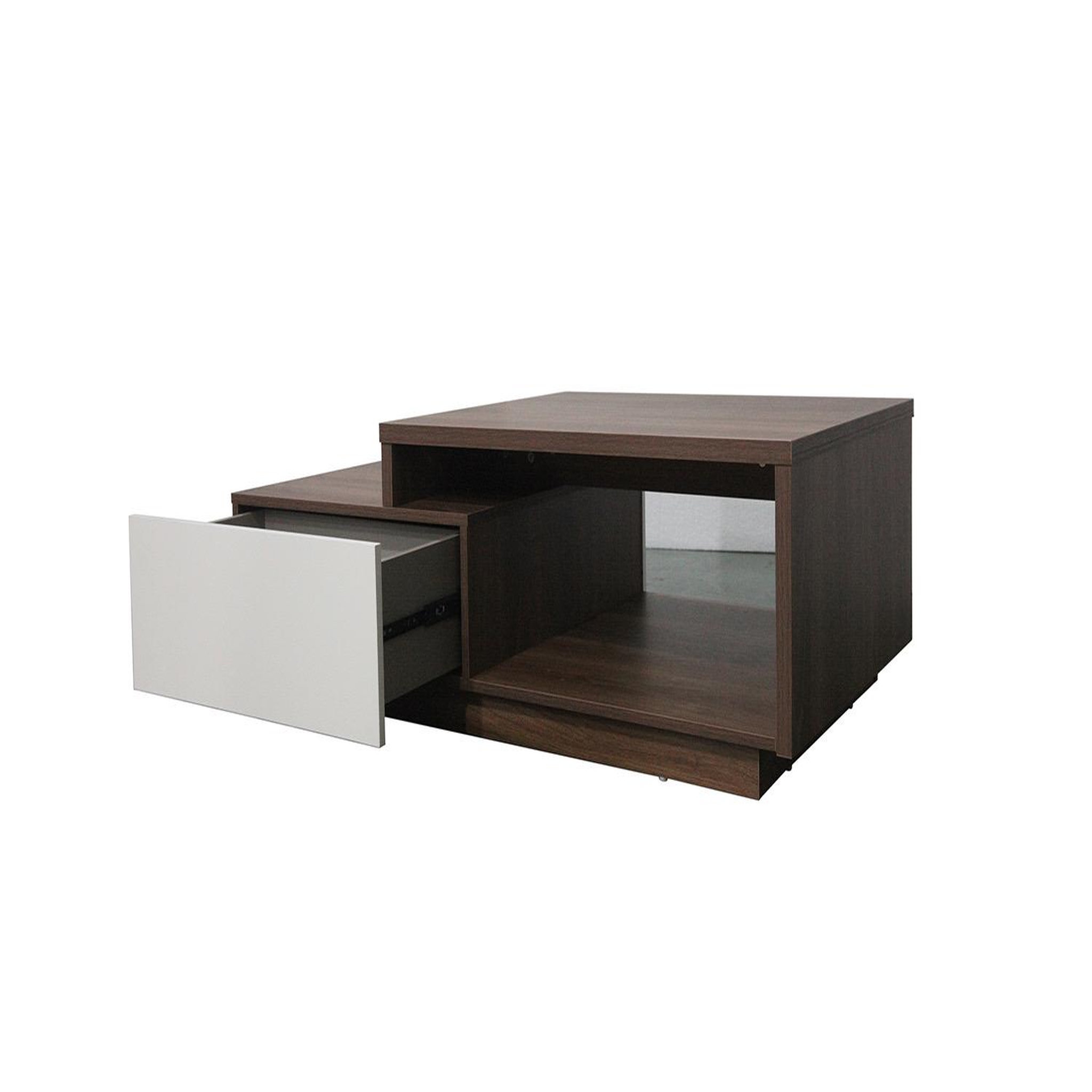 Voir la diapositive 4 : CONCEPT USINE Table basse en bois foncé et tiroirs blanc MONTREAL