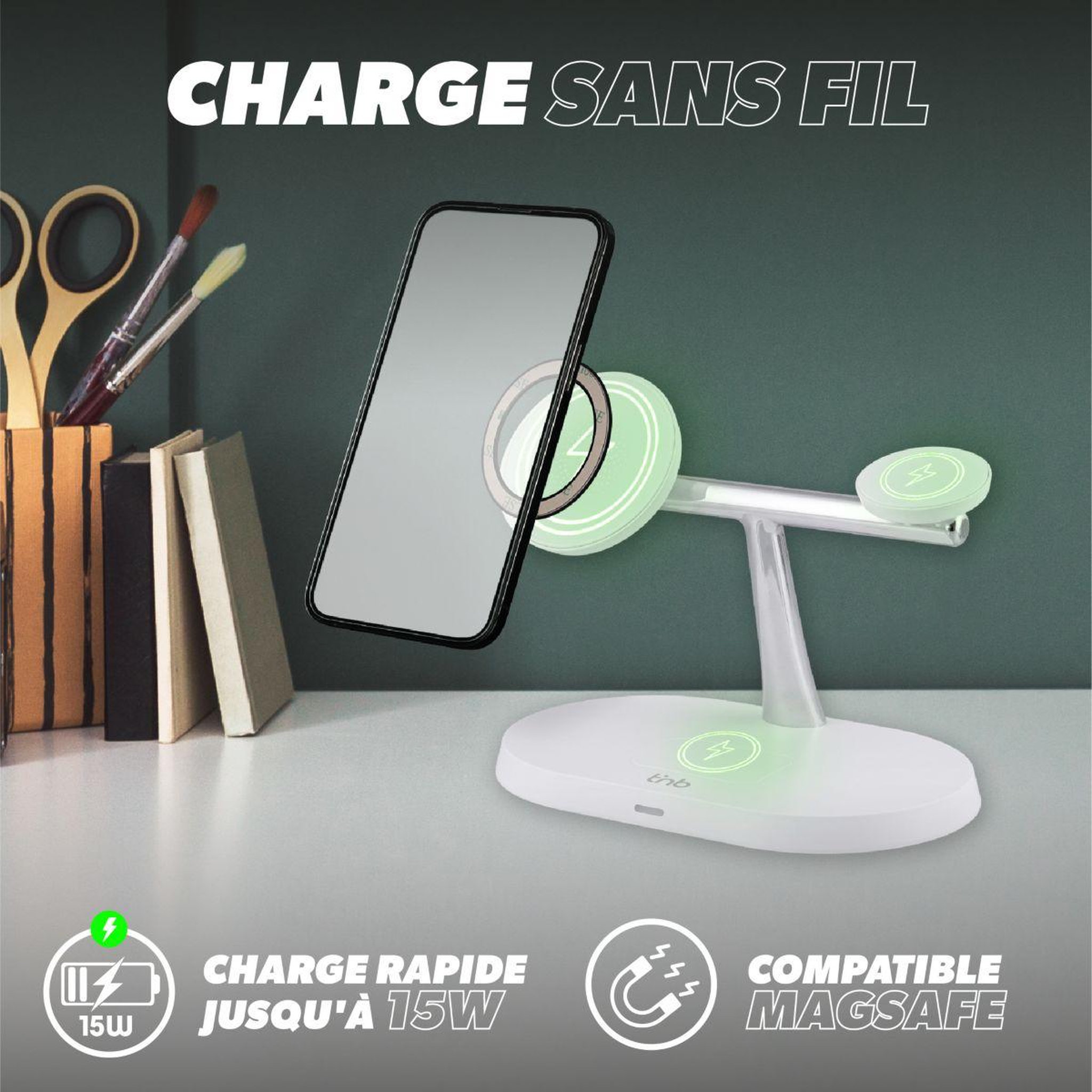 Voir la diapositive 3 : TNB Chargeur station de charge sans fil 3 en 1 blanc