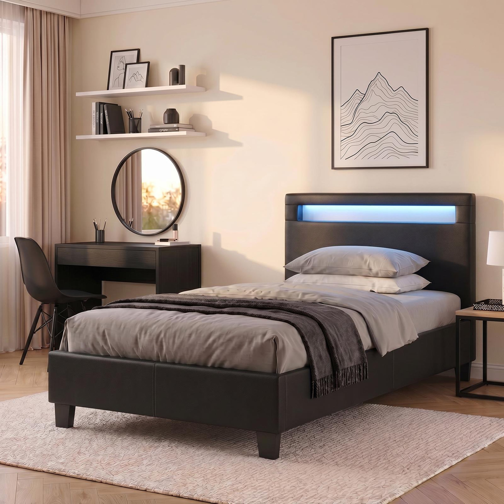 Voir la diapositive 2 : IDIMEX Lit LED simple LUCENO 90x190 cm, avec sommier, revêtement synthétique