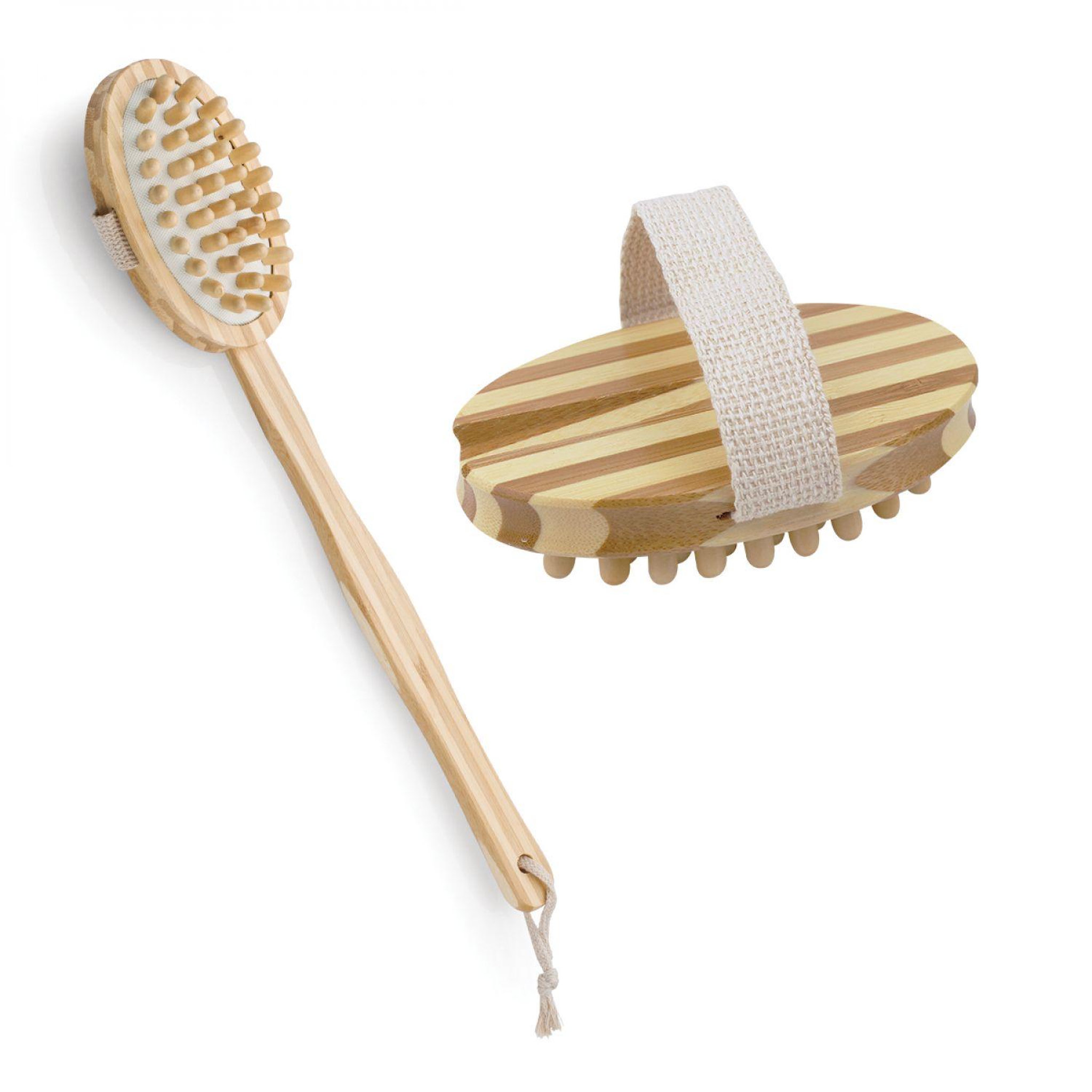 VIVEZEN Lot de 2 brosses de massage et de drainage, anti-cellulite en bambou 42 cm avec manche amovible et poignée de maintien