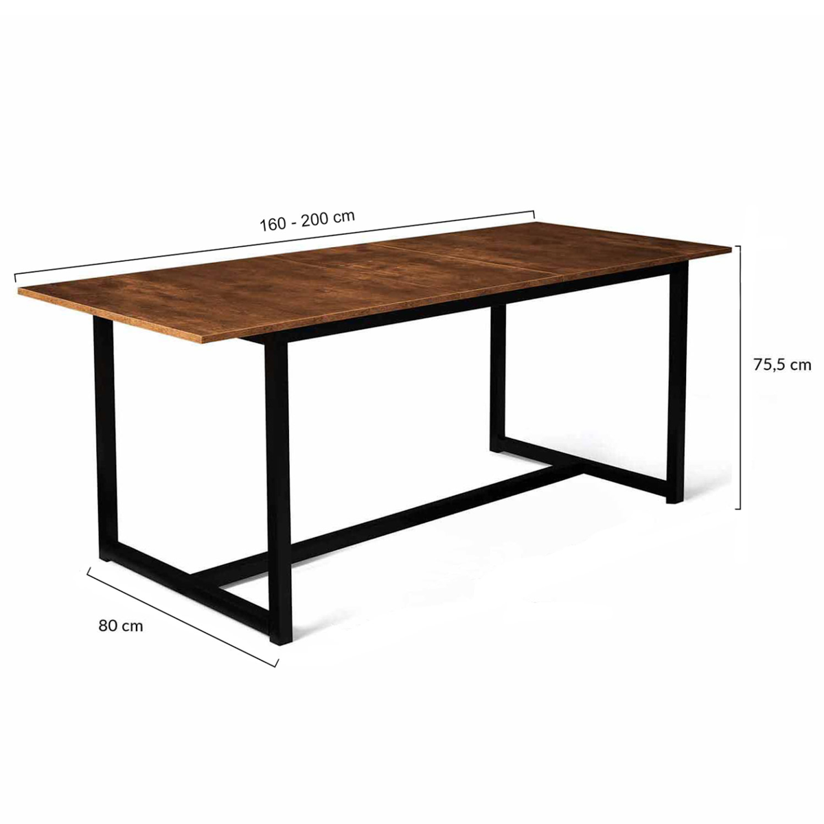 ID MARKET Table à manger extensible rectangle DAYTON 6-10 personnes design industriel 160-200 cm