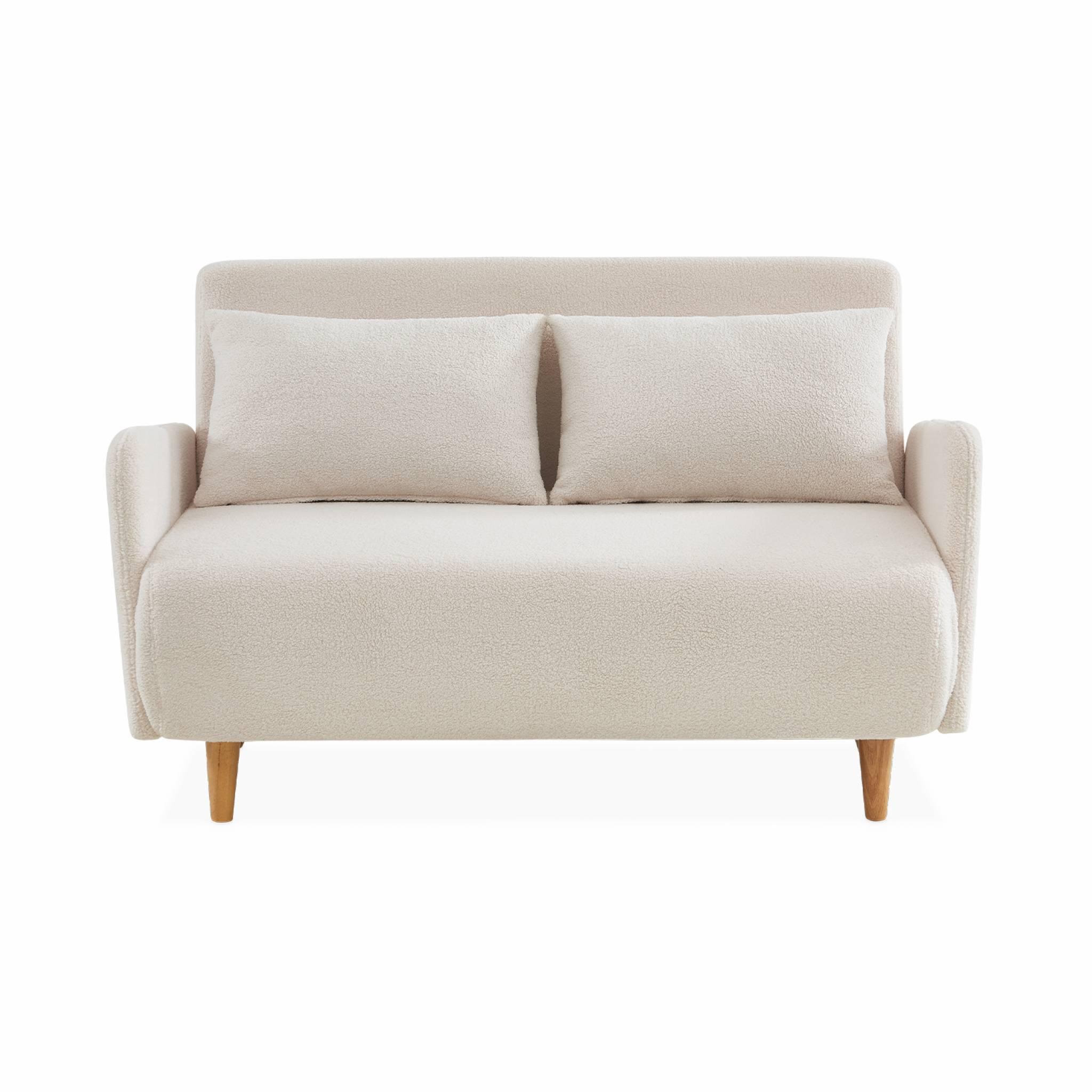 Voir la diapositive 6 : SWEEEK Canapé convertible 2 places scandinave - Panam - pieds bois. bouclettes blanches. banquette. dossier inclinable