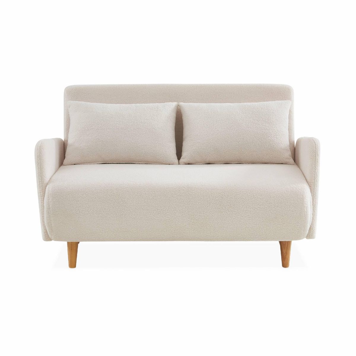 SWEEEK Canapé convertible 2 places scandinave - Panam - pieds bois. bouclettes blanches. banquette. dossier inclinable