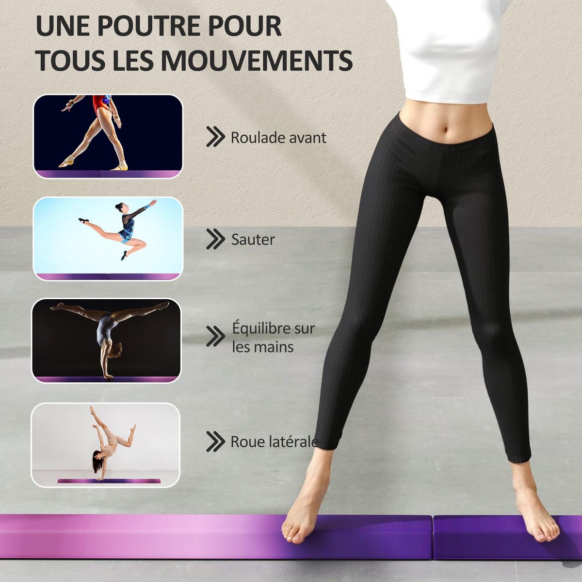 HOMCOM Poutre de gymnastique pliable 236cm fond antidérapant poignée transport violet rose