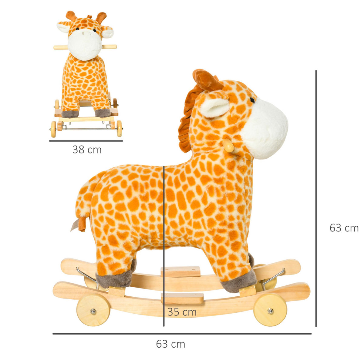 HOMCOM Jouet à bascule girafe et porteur sur roulettes 2 en 1 fonction sonore mugissement  bois peuplier peluche courte polyester tacheté