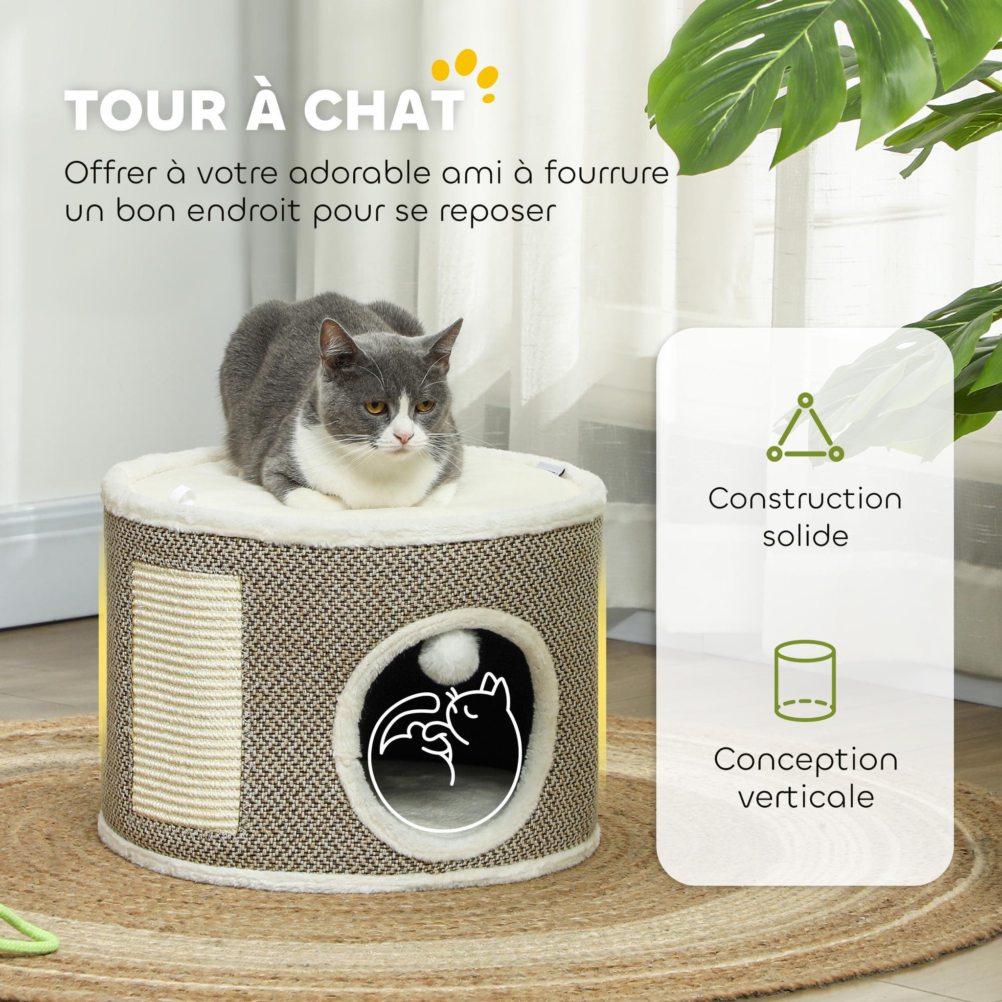 Voir la diapositive 4 : PAWHUT Panier niche griffoir grattoir 4 en 1 - 2 coussins, pompon - sisal naturel peluche crème café