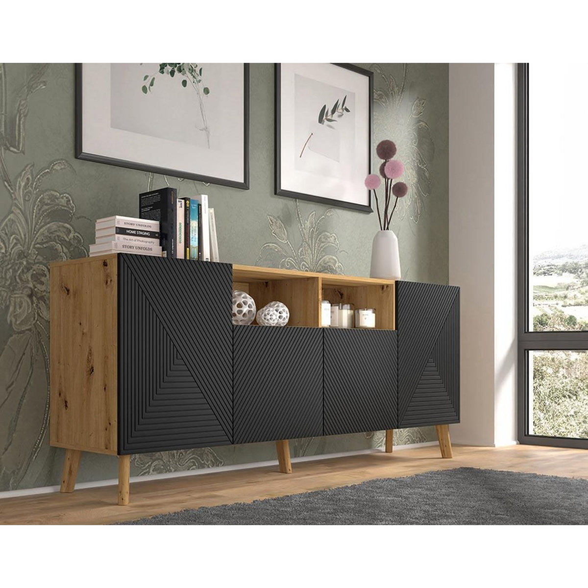 BEST MOBILIER Velato - buffet bas - effet bois et noir - 195 cm