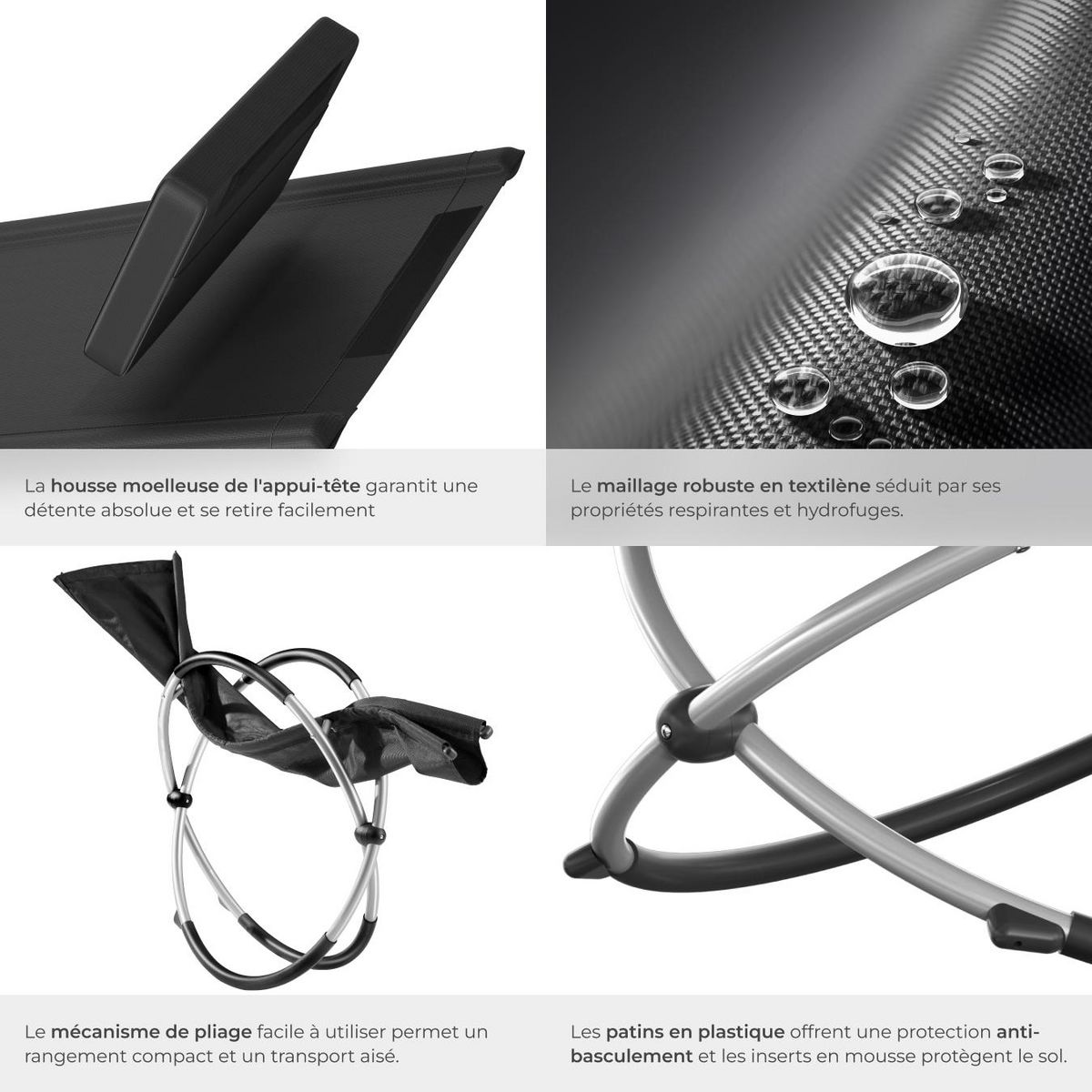 tectake Bain de soleil avec textilène noir