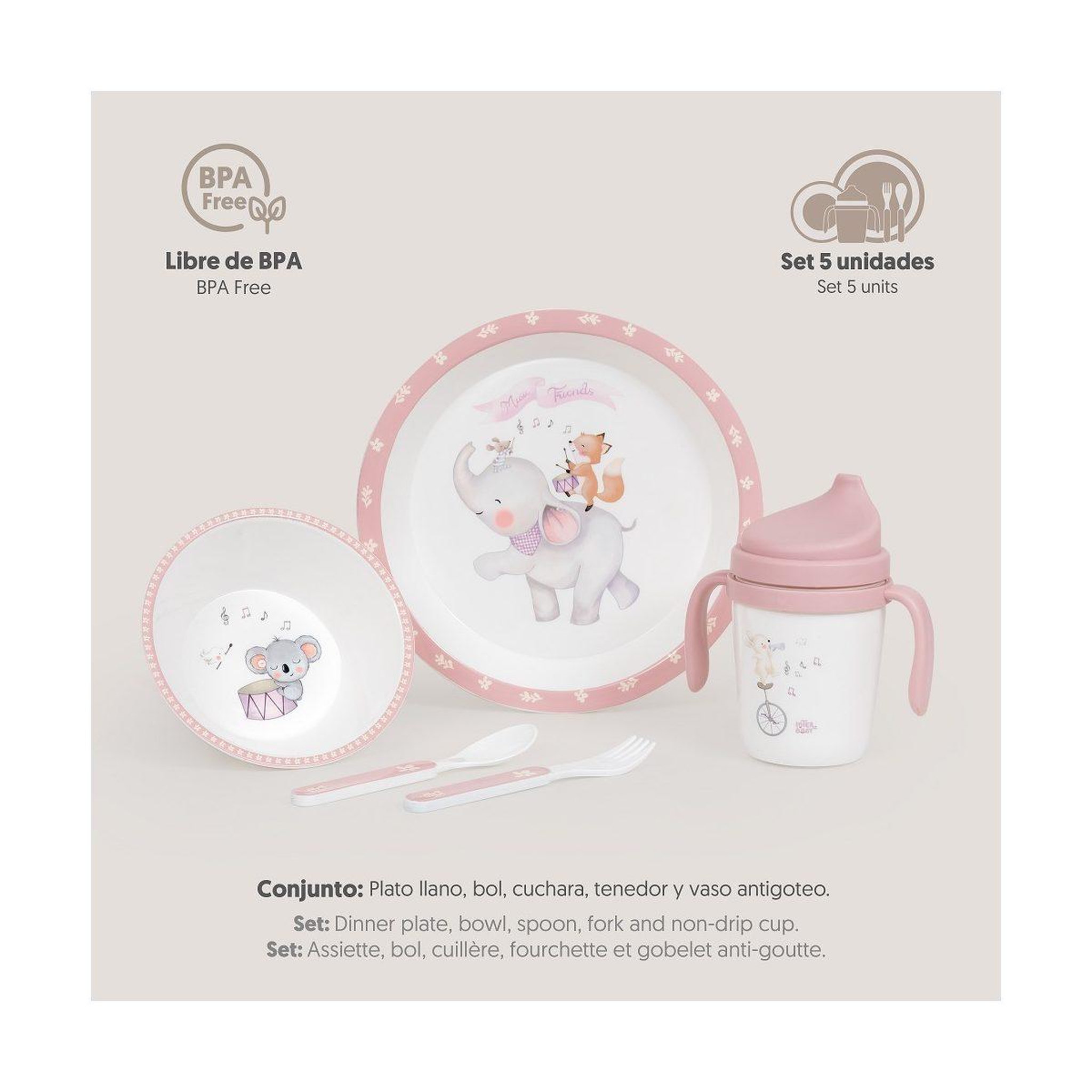 Voir la diapositive 4 : INTERBABY Set de vaisselle bébé  music 5 pièces - rose - repas