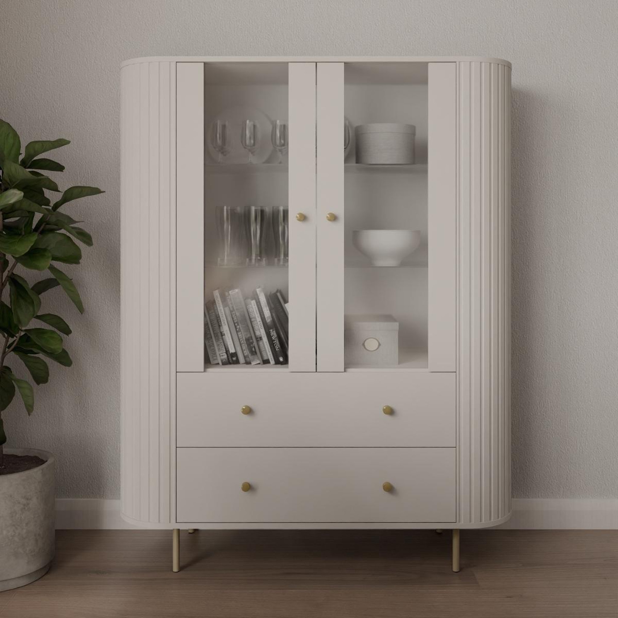 Voir la diapositive 2 : JLC KREATION Vitrine moderne 2 portes beige et doré forme arrondie lilio