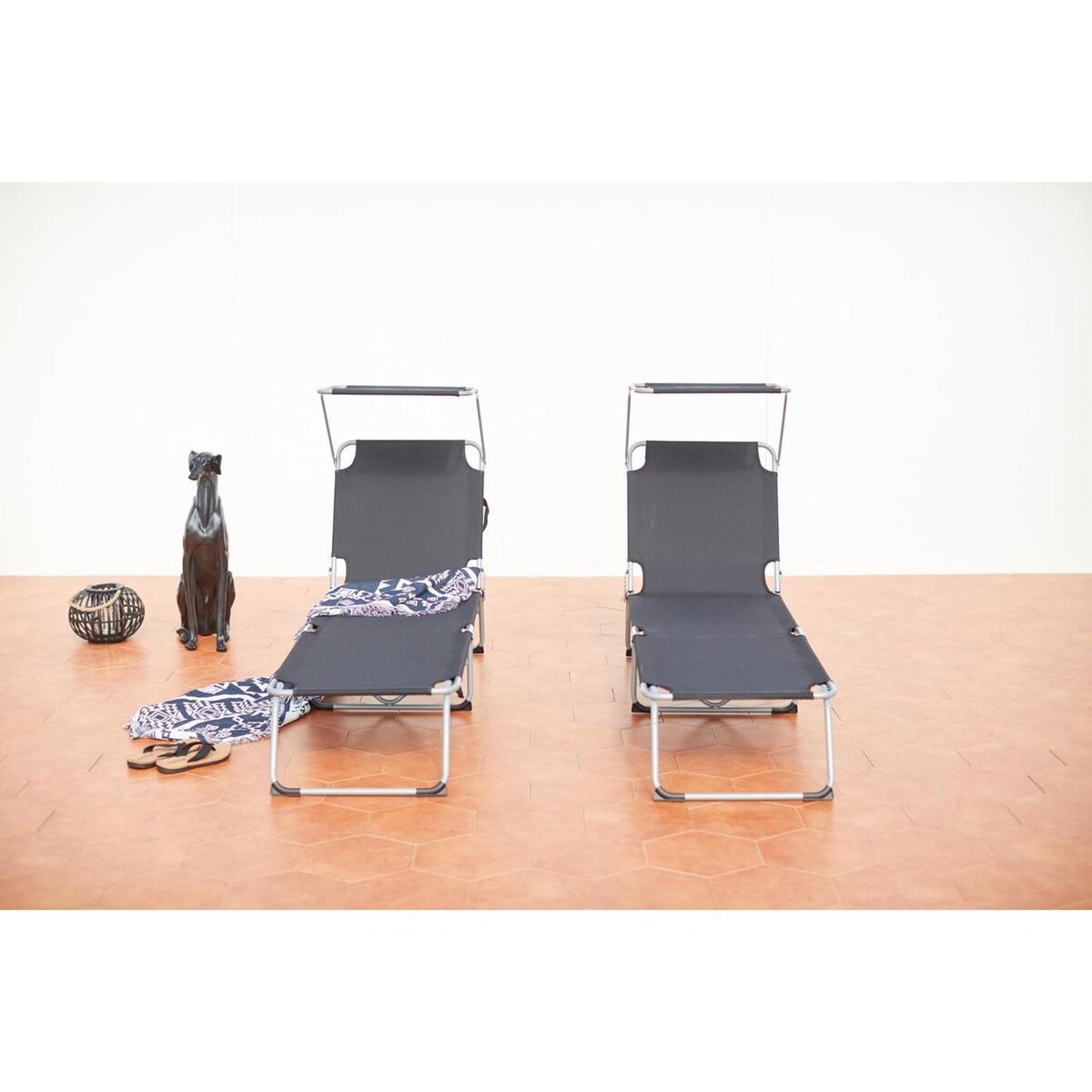 CONCEPT USINE Lot de 2 transats noirs avec pare soleil PALOPO