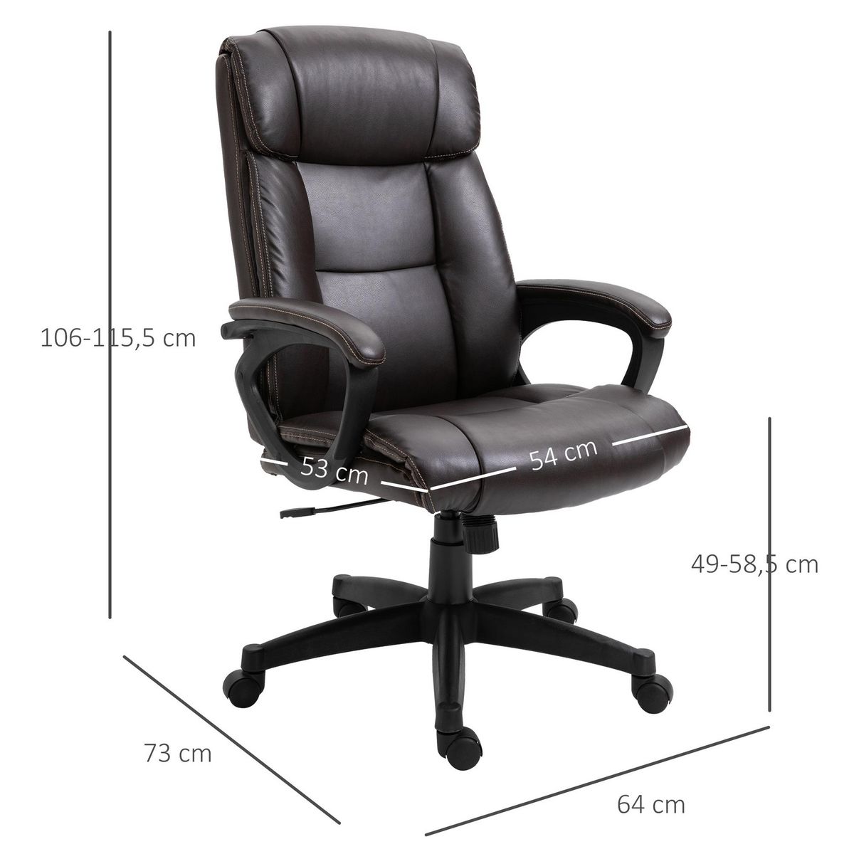 HOMCOM Fauteuil de bureau chaise de bureau ergonomique réglable roulettes pivotant 360° revêtement synthétique PU 64 x 73 x 106-115,5 cm chocolat