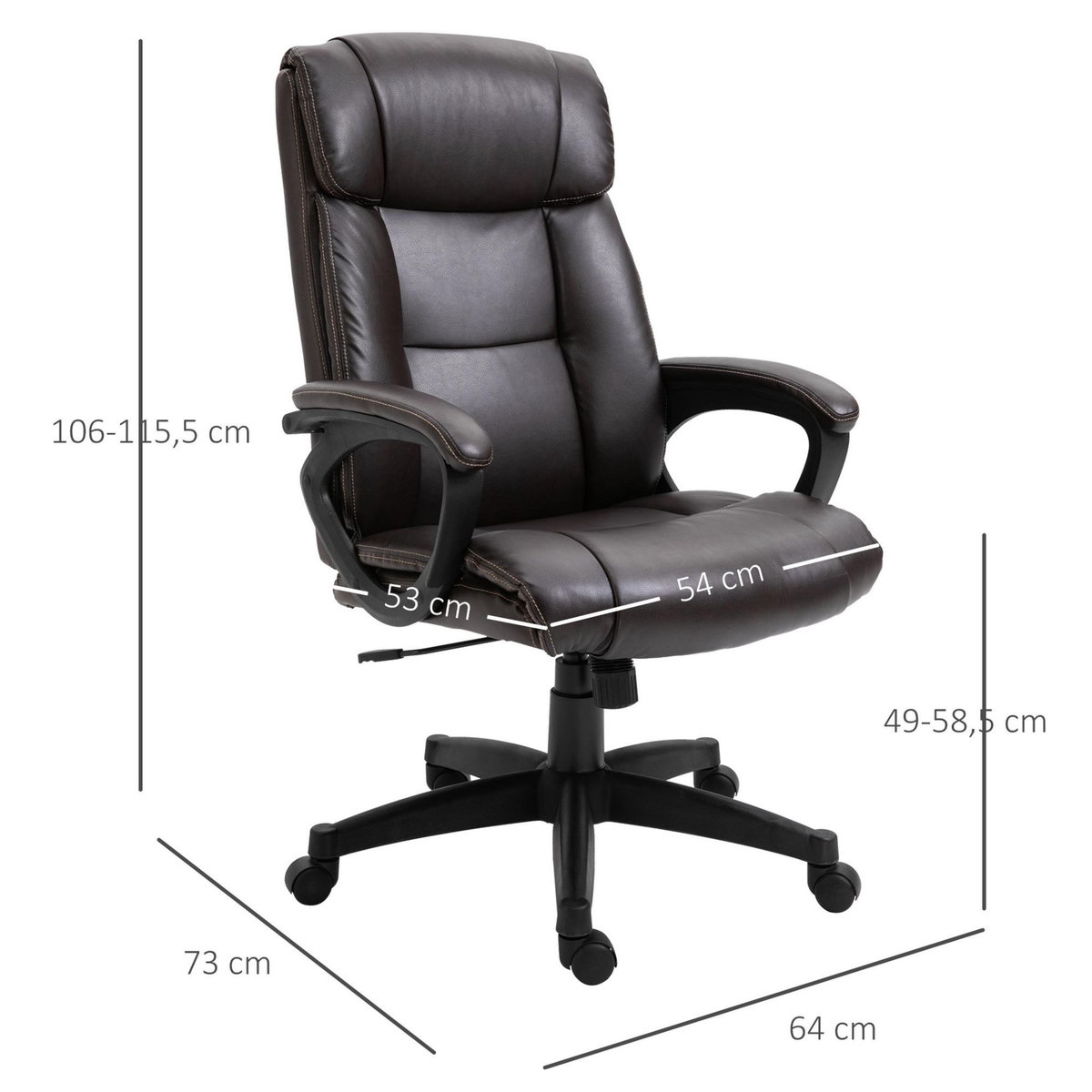 HOMCOM Fauteuil de bureau chaise de bureau ergonomique réglable roulettes pivotant 360° revêtement synthétique PU 64 x 73 x 106-115,5 cm chocolat