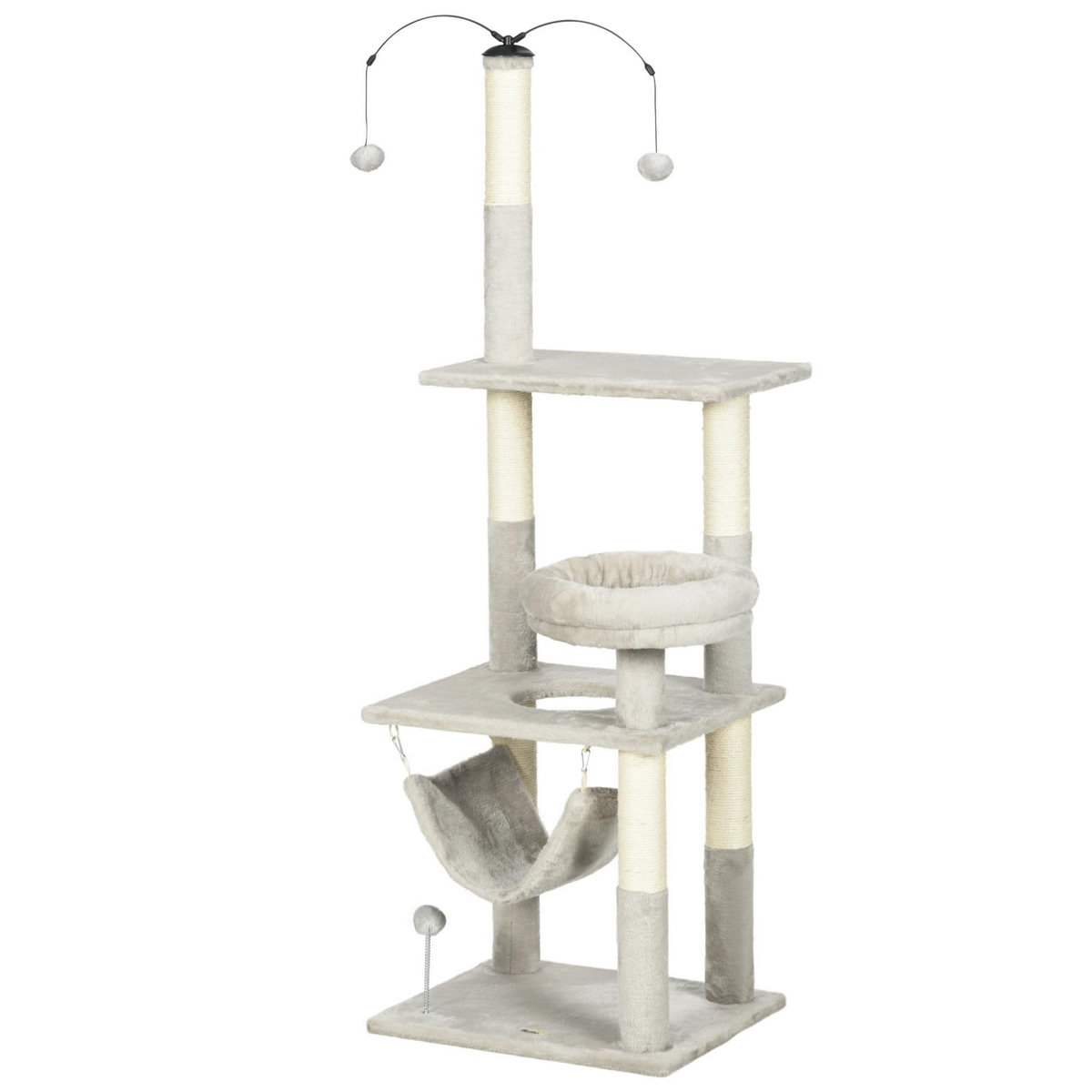 PAWHUT Arbre à chat griffoirs sisal naturel plateforme panier hamac boules suspendues et à ressort peluche gris clair