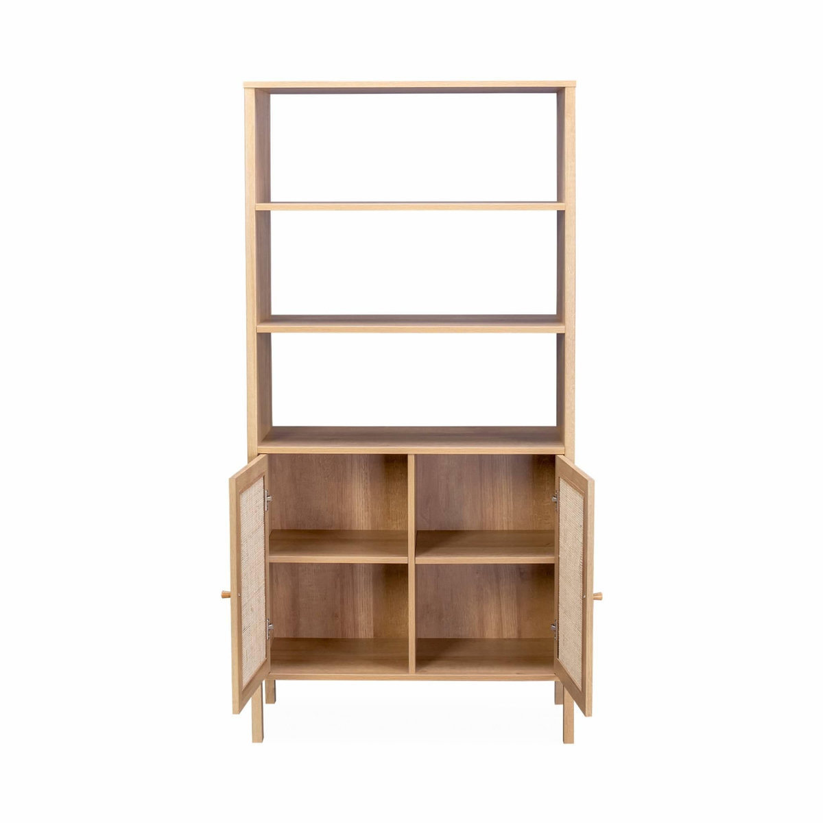 SWEEEK Bibliothèque décor bois et cannage - Bohème - 4 niveaux. 2 portes. 5 étagères