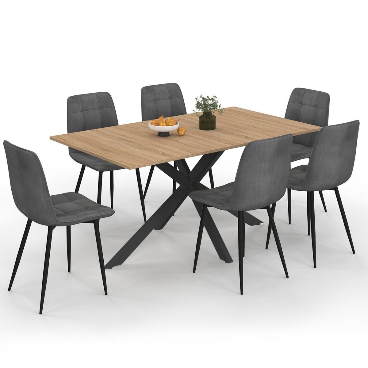 ID MARKET Ensemble table à manger rectangle ALIX 160 cm bois et noir et 6 chaises MILA en velours gris foncé