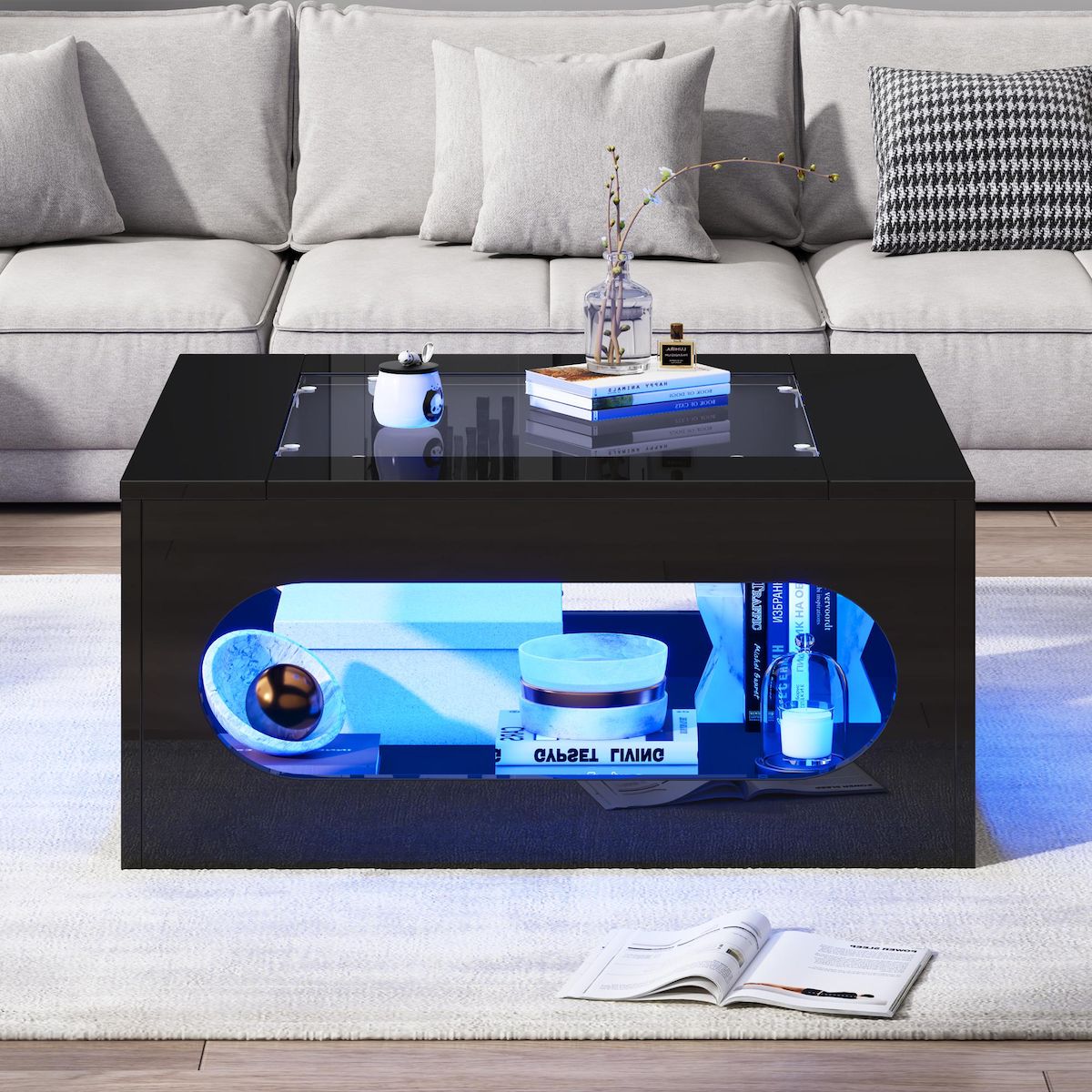 MERAX Table basse carrée noir - 70x70 cm led mdf