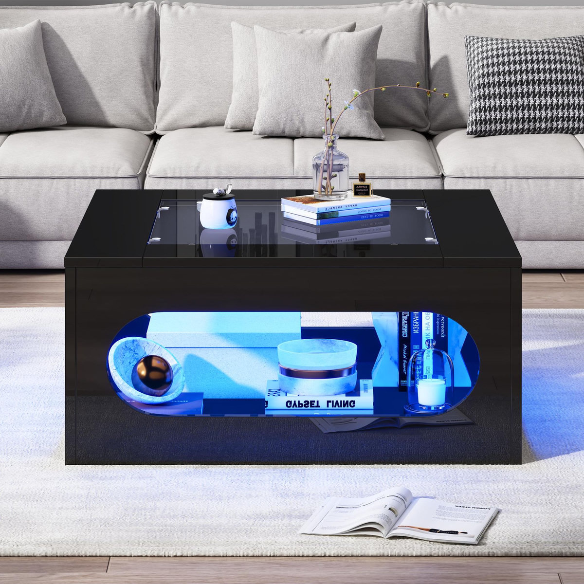 MERAX Table basse carrée noir - 70x70 cm led mdf