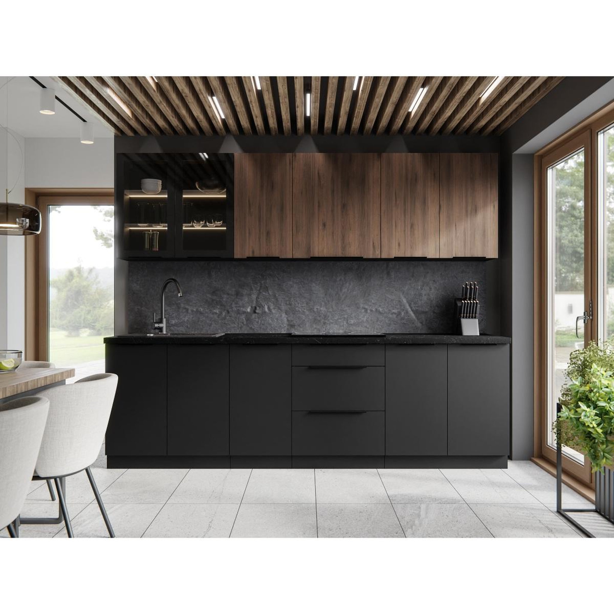 Voir la diapositive 3 : JLC KREATION Cuisine complète moderne noir et bois 260cm mao