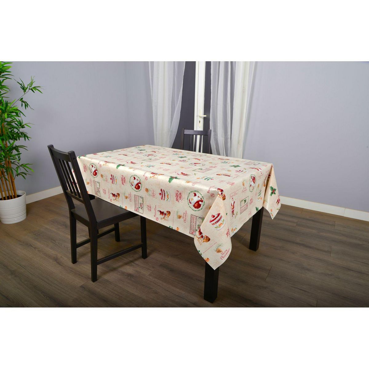 HABITABLE Nappe en toile cirée rectangulaire SANTA CLAUS - 140 x 250 cm - Ecru