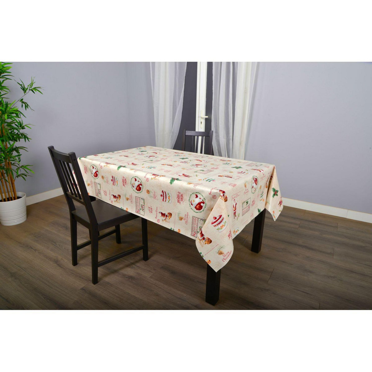 HABITABLE Nappe en toile cirée rectangulaire SANTA CLAUS - 140 x 250 cm - Ecru