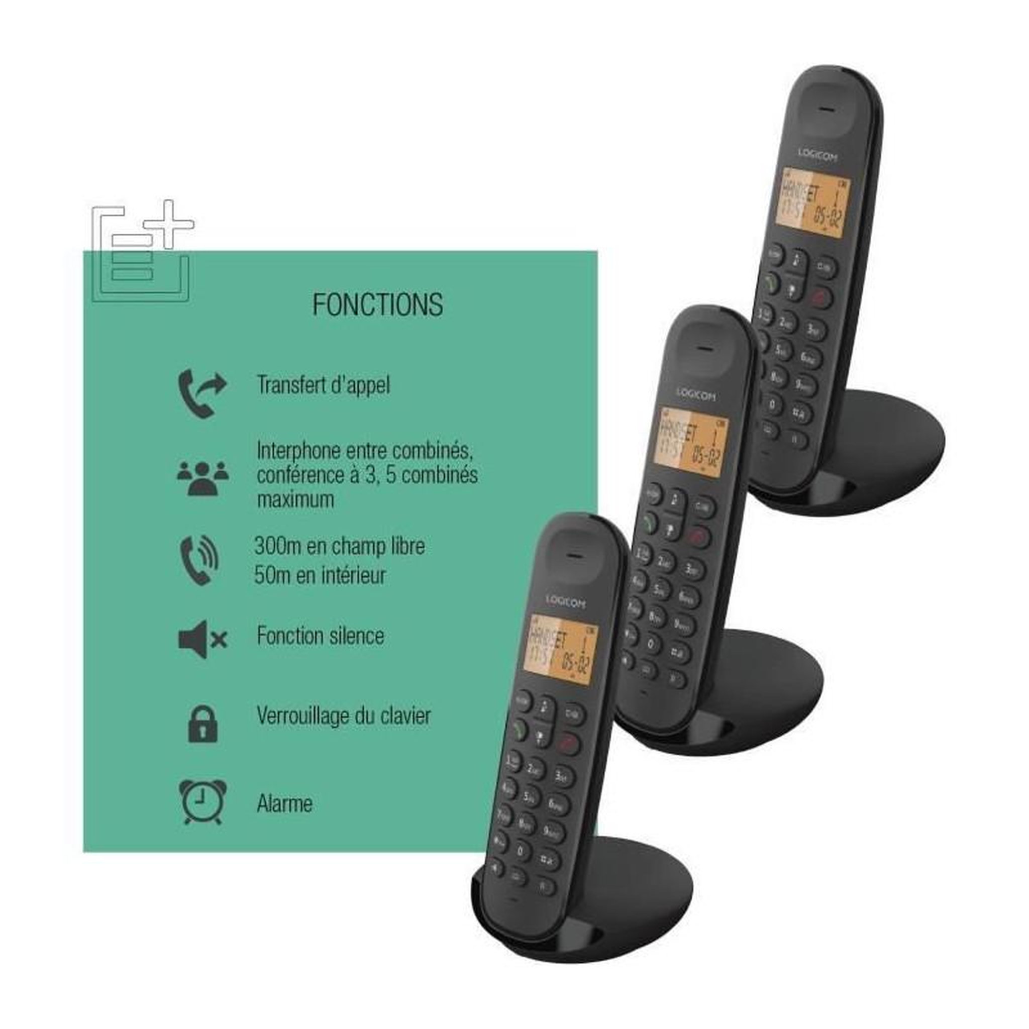 Voir la diapositive 6 : Logicom Téléphone fixe sans fil - LOGICOM - DECT ILOA 350 TRIO - Noir - Sans répondeur