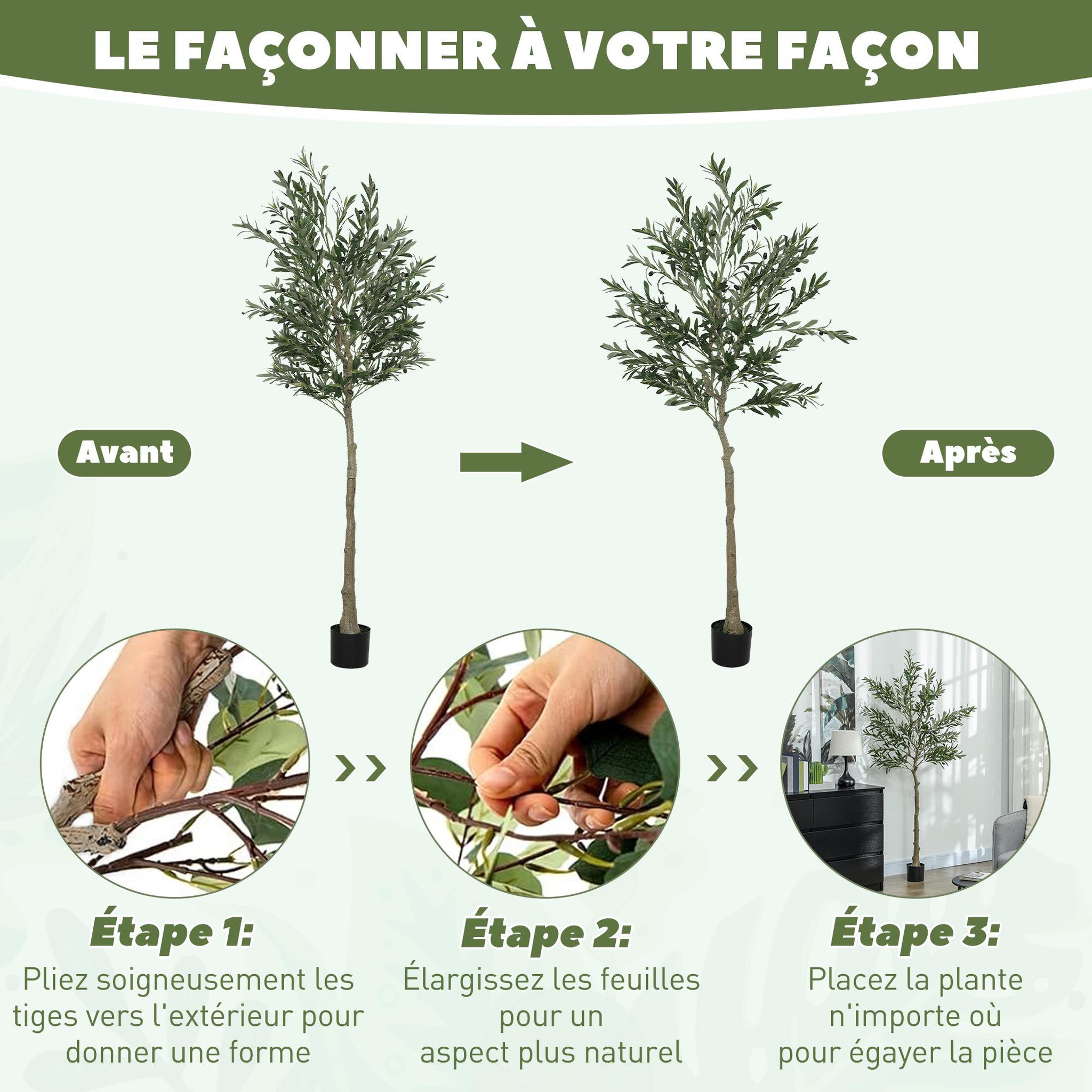 Voir la diapositive 6 : HOMCOM Olivier artificiel H.180 cm - grand réalisme - 900 feuilles en soie, 40 olives - mousse effet lichen pot inclus