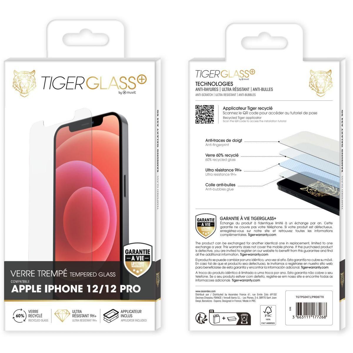 TIGER GLASS Protège écran Iphone 12/12 PRO verre trempé recyclé