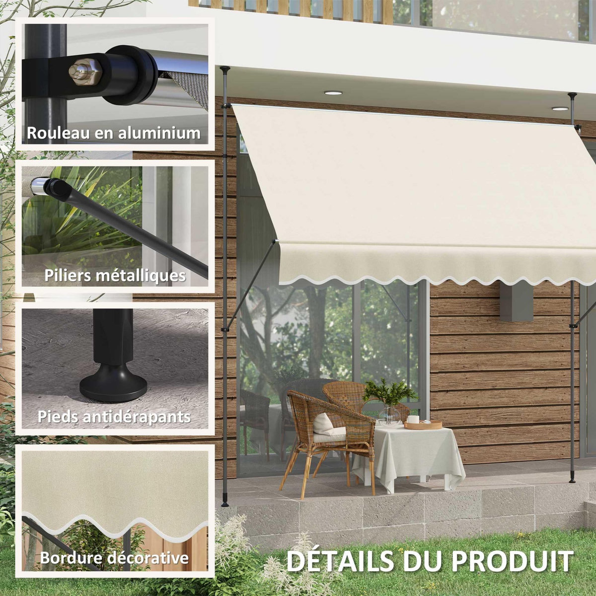 OUTSUNNY Store banne autoportant manuel inclinable rétractable 3 x 1,2(avancée) x 2,1-3H.m aucun perçage sable