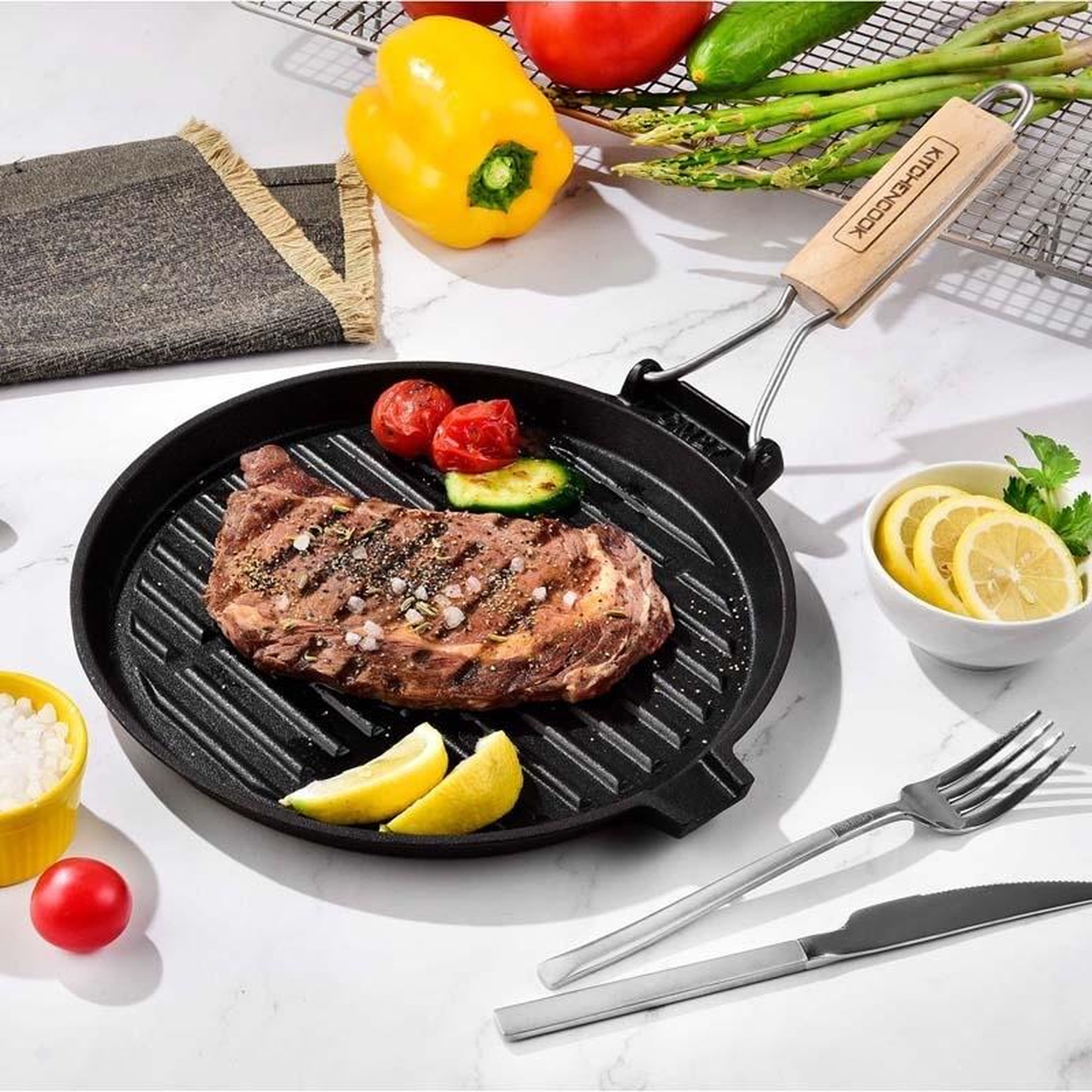 Voir la diapositive 2 : KITCHENCOOK Grill rond en fonte émaillée 27 cm grill27a tfi kitchencook