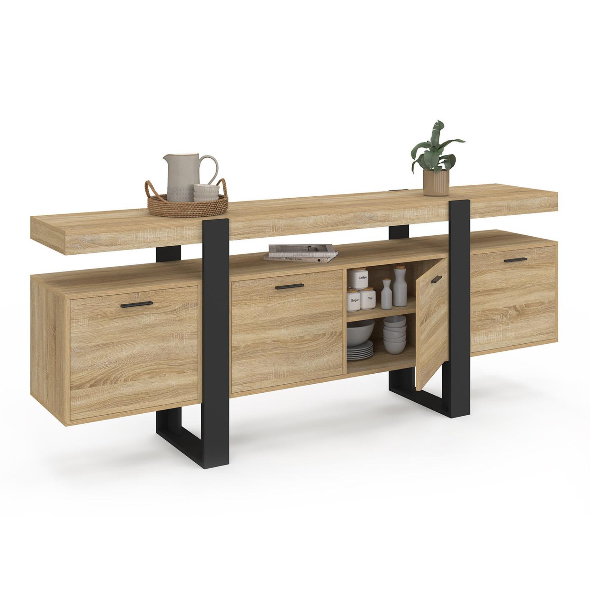 Voir la diapositive 4 : ID MARKET Buffet enfilade 200 cm phoenix xxl 4 portes avec niche bois et noir