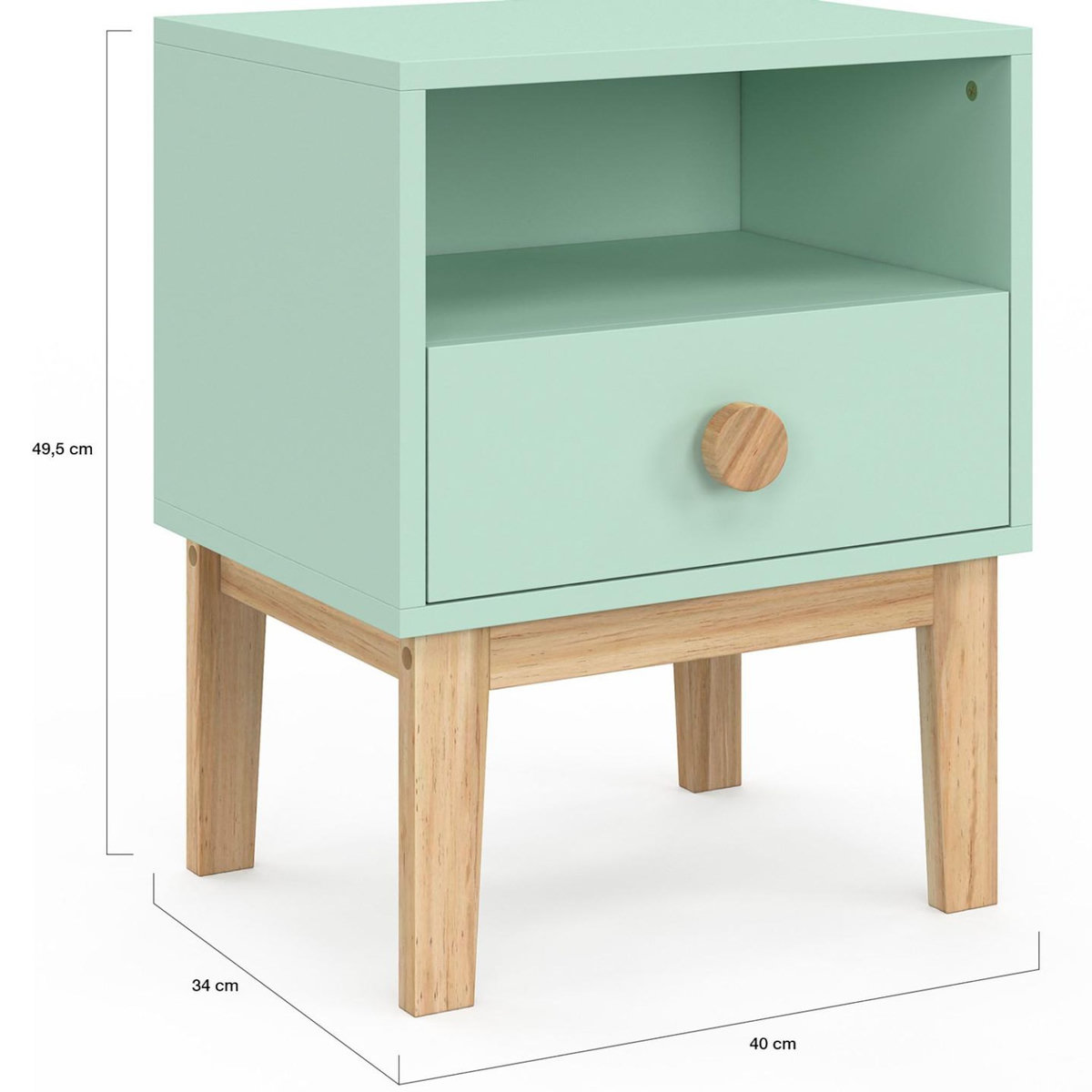 ID MARKET Table de chevet enfant JACOB 1 tiroir + 1 niche vert d'eau et bois