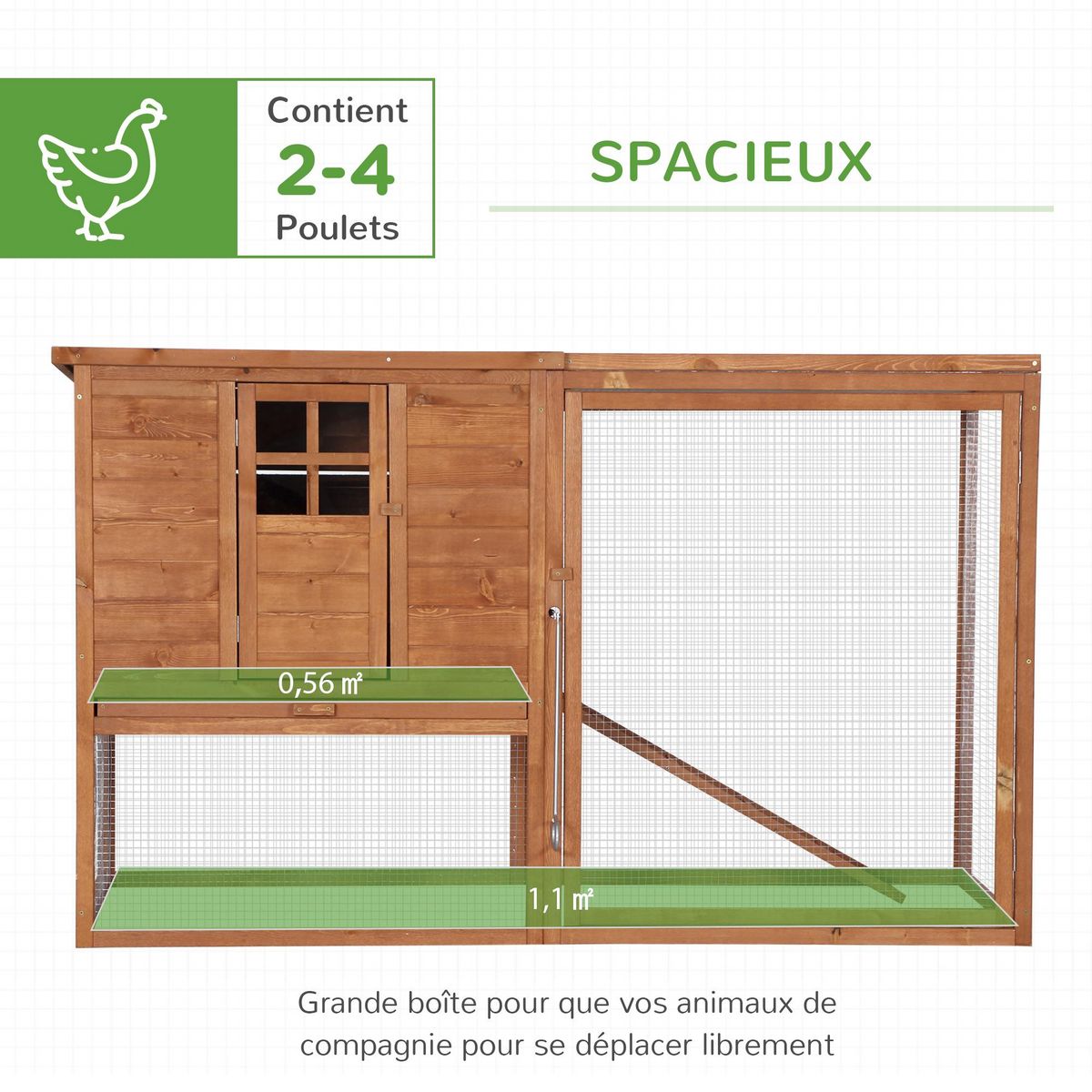 PAWHUT Poulailler cottage cage à poules sur pied dim. 168L x 110l x 101H cm multi-équipement bois sapin lasuré