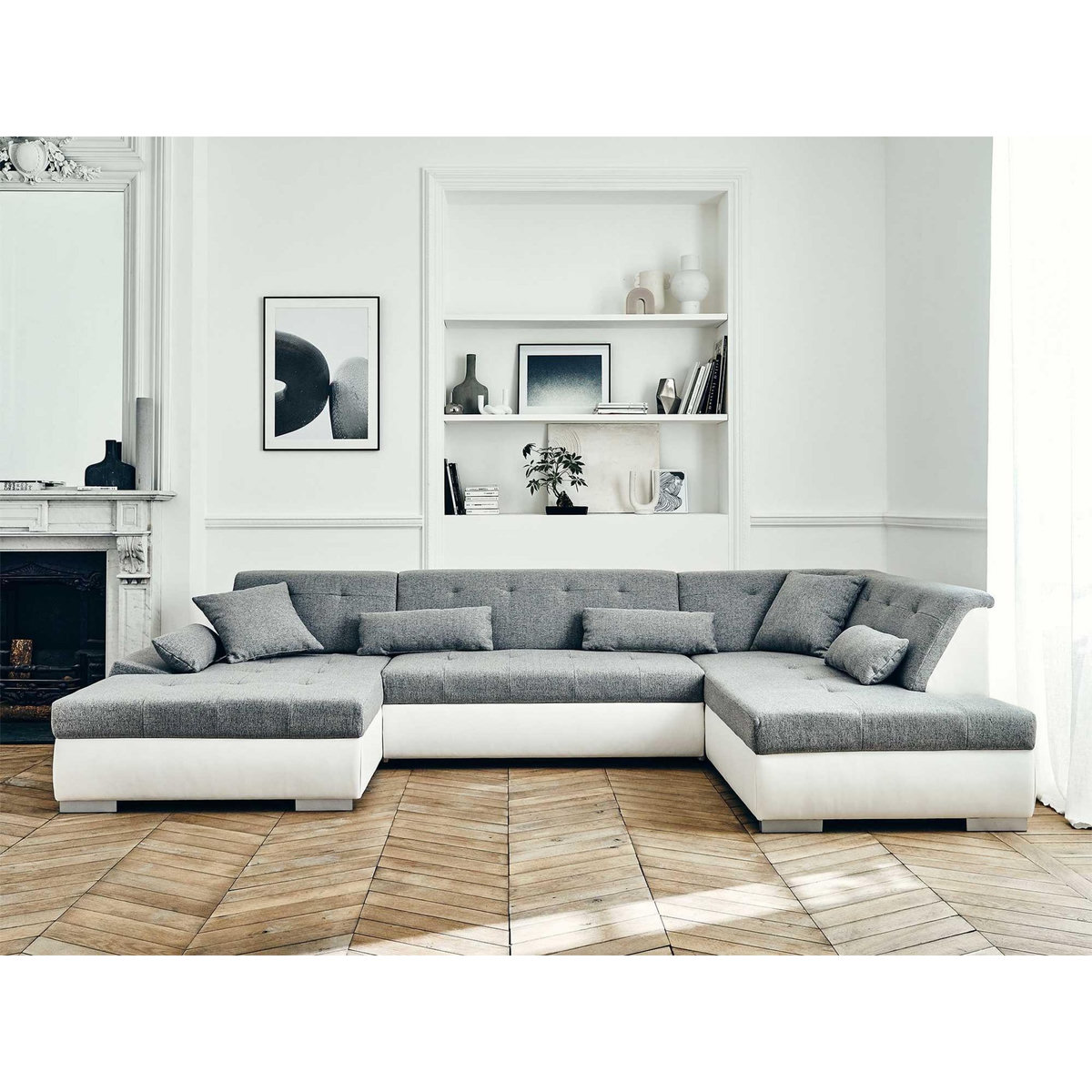 LISA DESIGN Vermont - canapé panoramique d'angle droit - 7 places - convertible - en simili et tissu