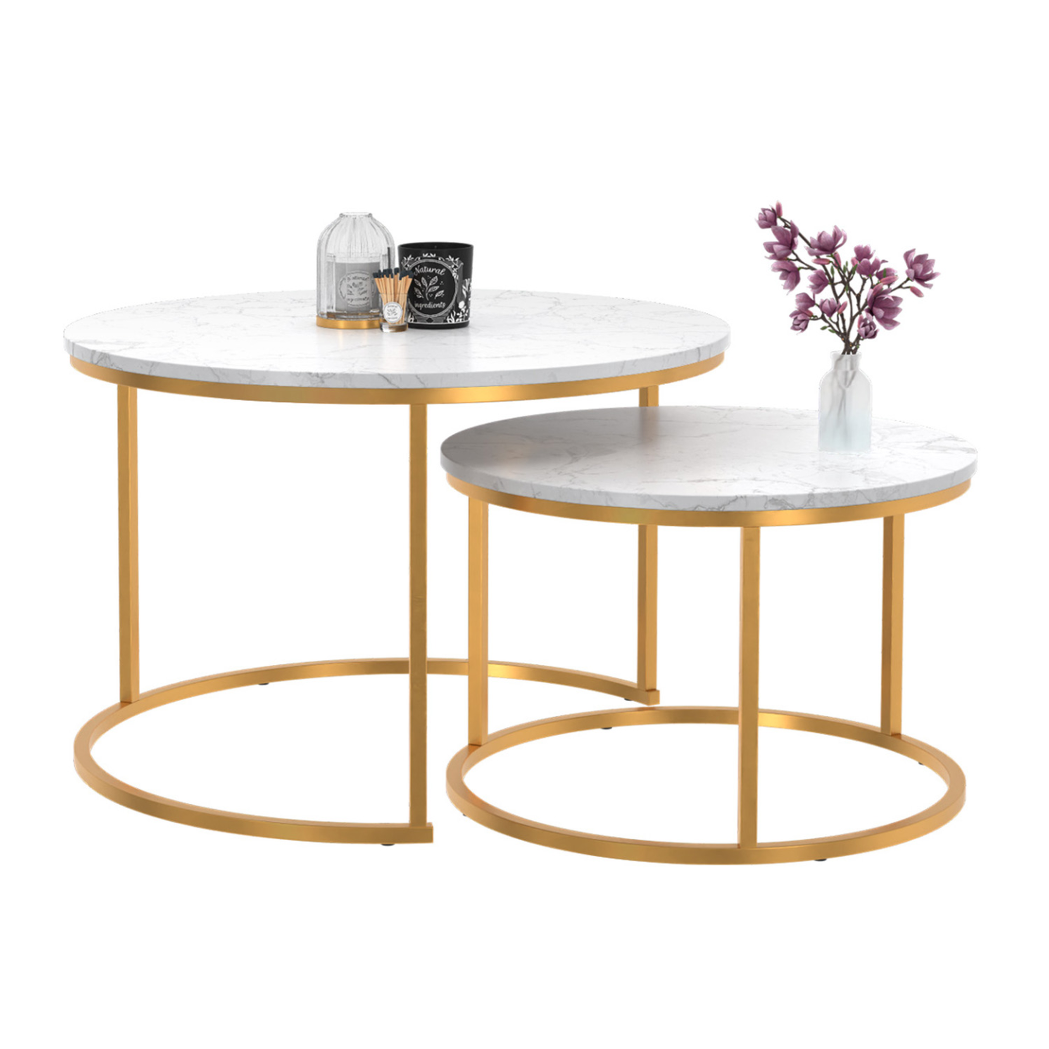 ID MARKET Lot de 2 tables basses gigognes alaska rondes 54/70 effet marbre et pied doré