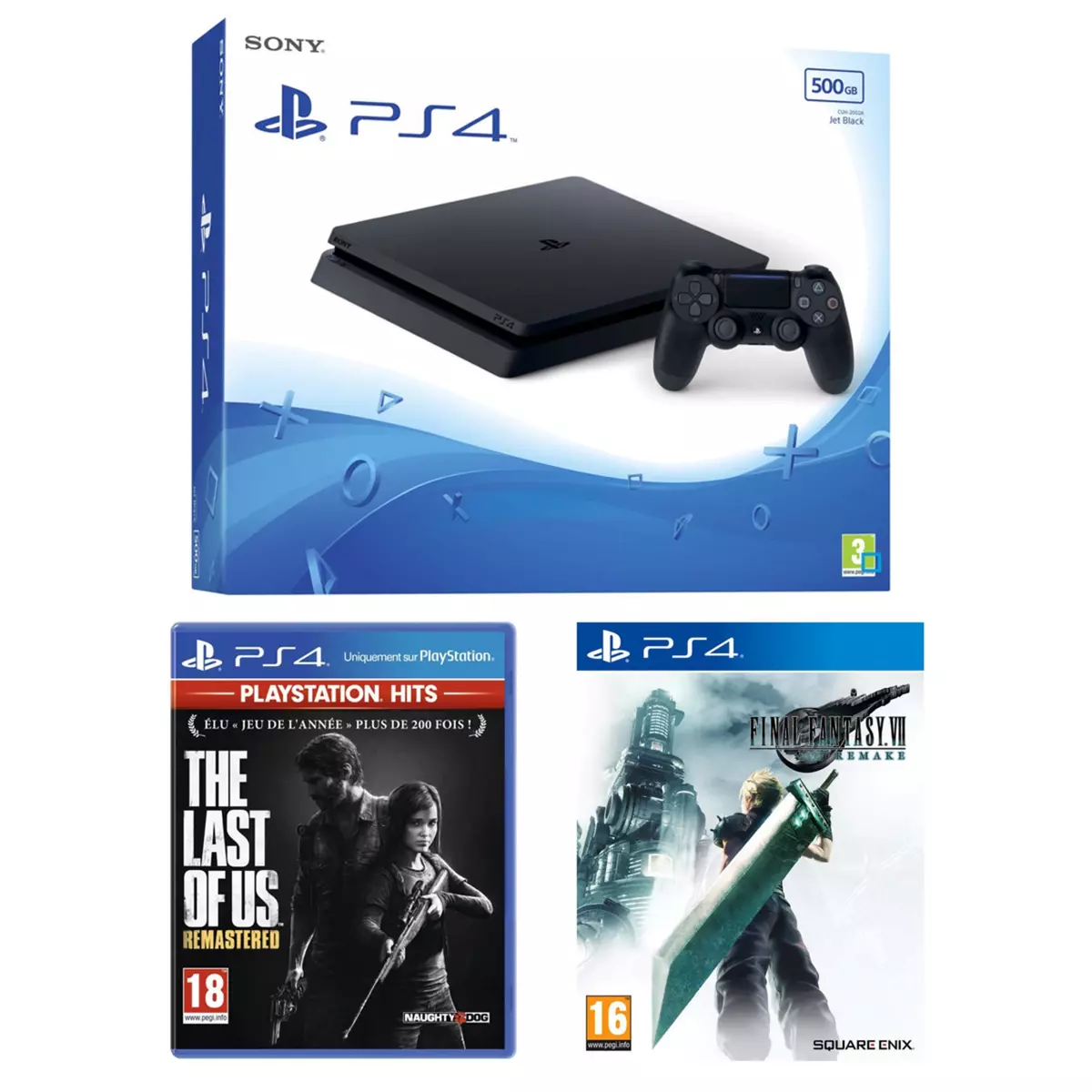 SONY Console PS4 Slim 500Go Noire Chassis F + The Last of Us remastered Playstation Hits + Final Fantasy VII Remake