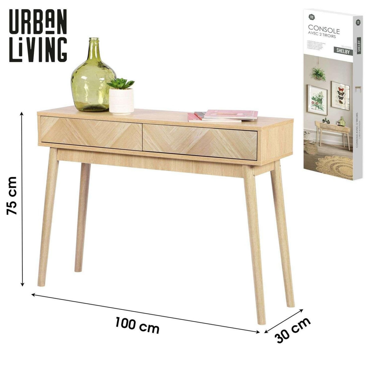 DIVERS Console 2 tiroirs Shelby en bois avec système d'ouverture push pull - Beige