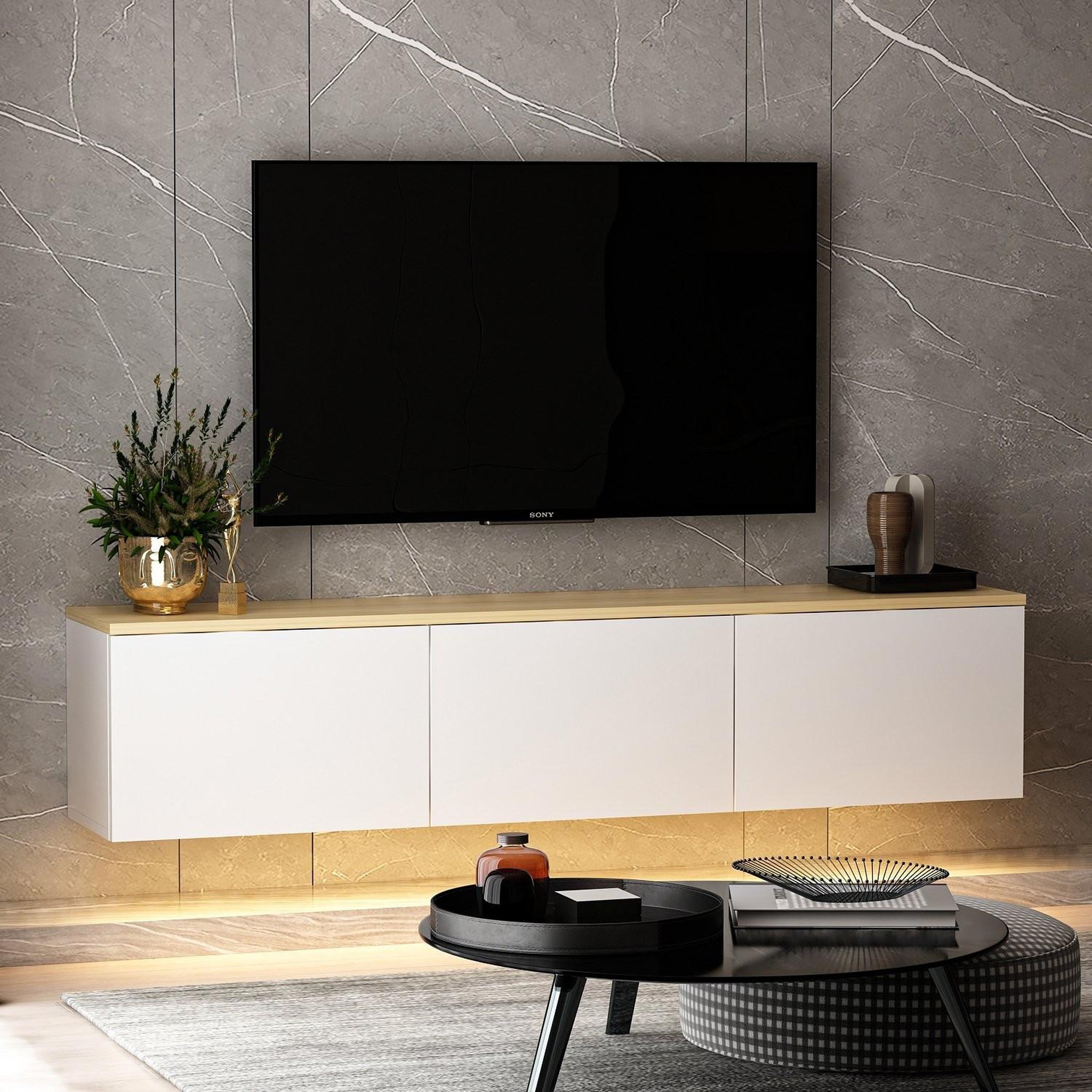 Voir la diapositive 4 : Habitat et Jardin Meuble tv suspendu en bois avec éclairage led  neon  - 160 x 32 x 35 cm - blanc